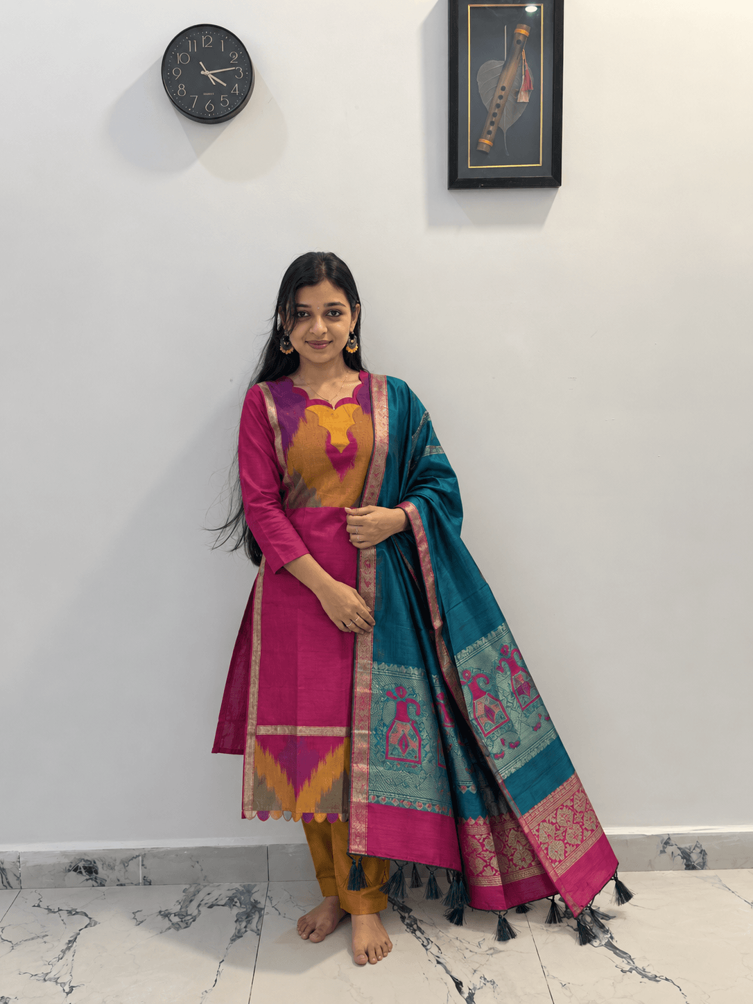 Women’s Rani Pink Kurti Set with Teal Blue Traditional Dupatta and Mustard Pants in Mustard 1