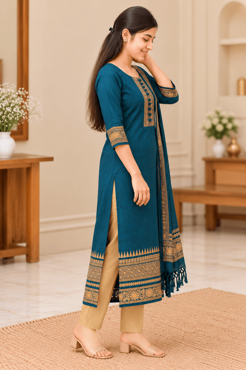 Women’s Teal Blue Raw Silk Kurti Pant Set with Dupatta in Teal Blue with Golden Detailing and Beige Pants