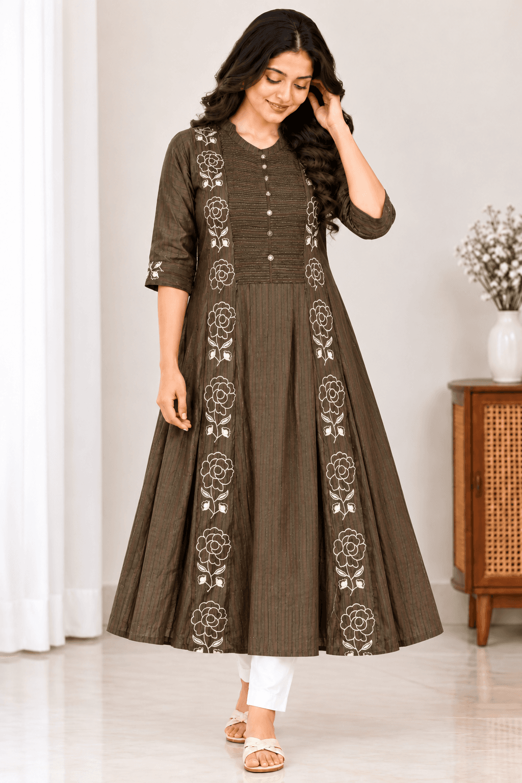 Olive Green Floral Embroidered Maternity Feeding Kurti – Front Button Flared Gown in Olive Green 2