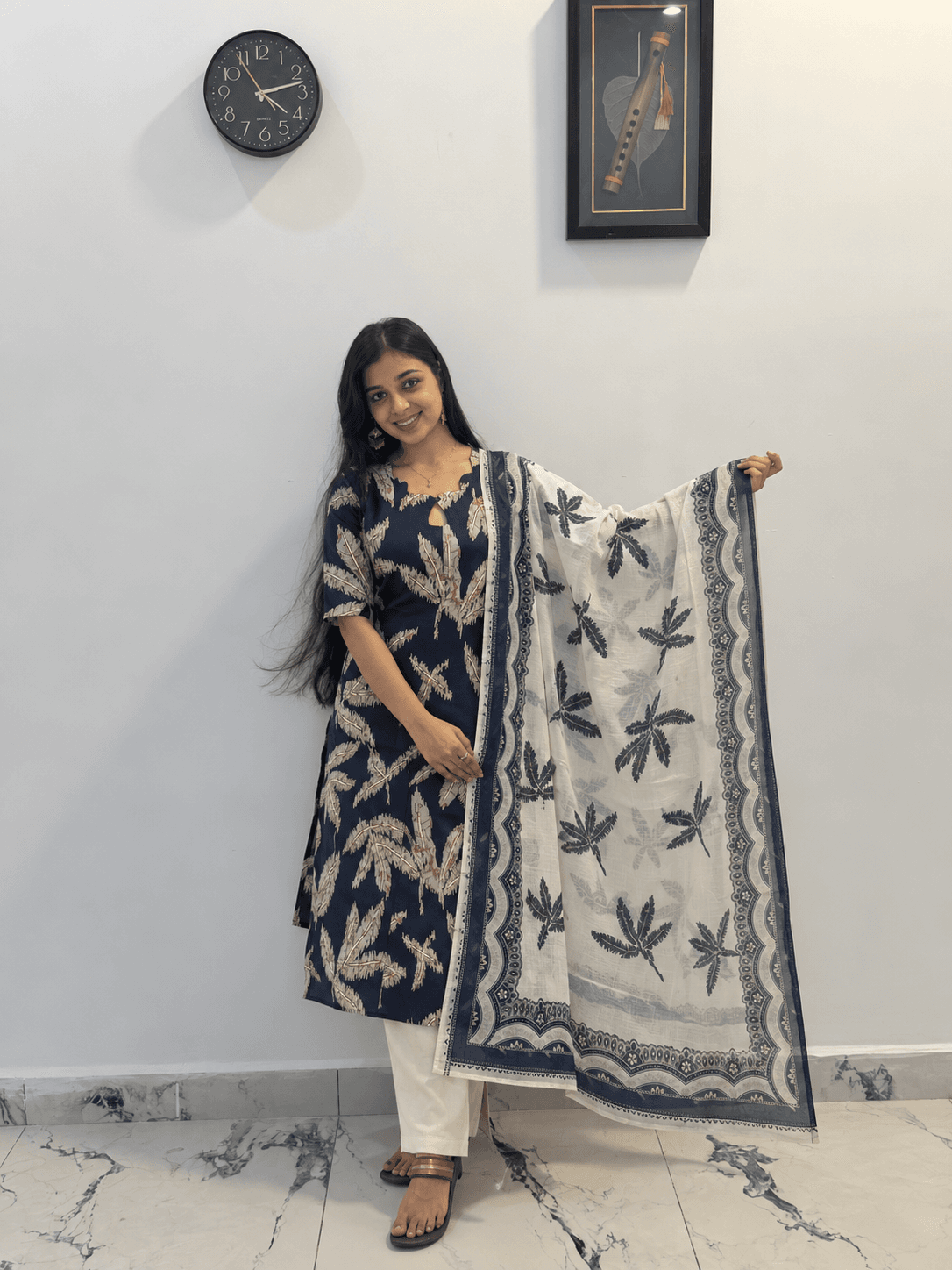 Women’s Navy Blue Leaf Printed Kurti Set with Cream Pant and Matching Dupatta in Navy Blue 1