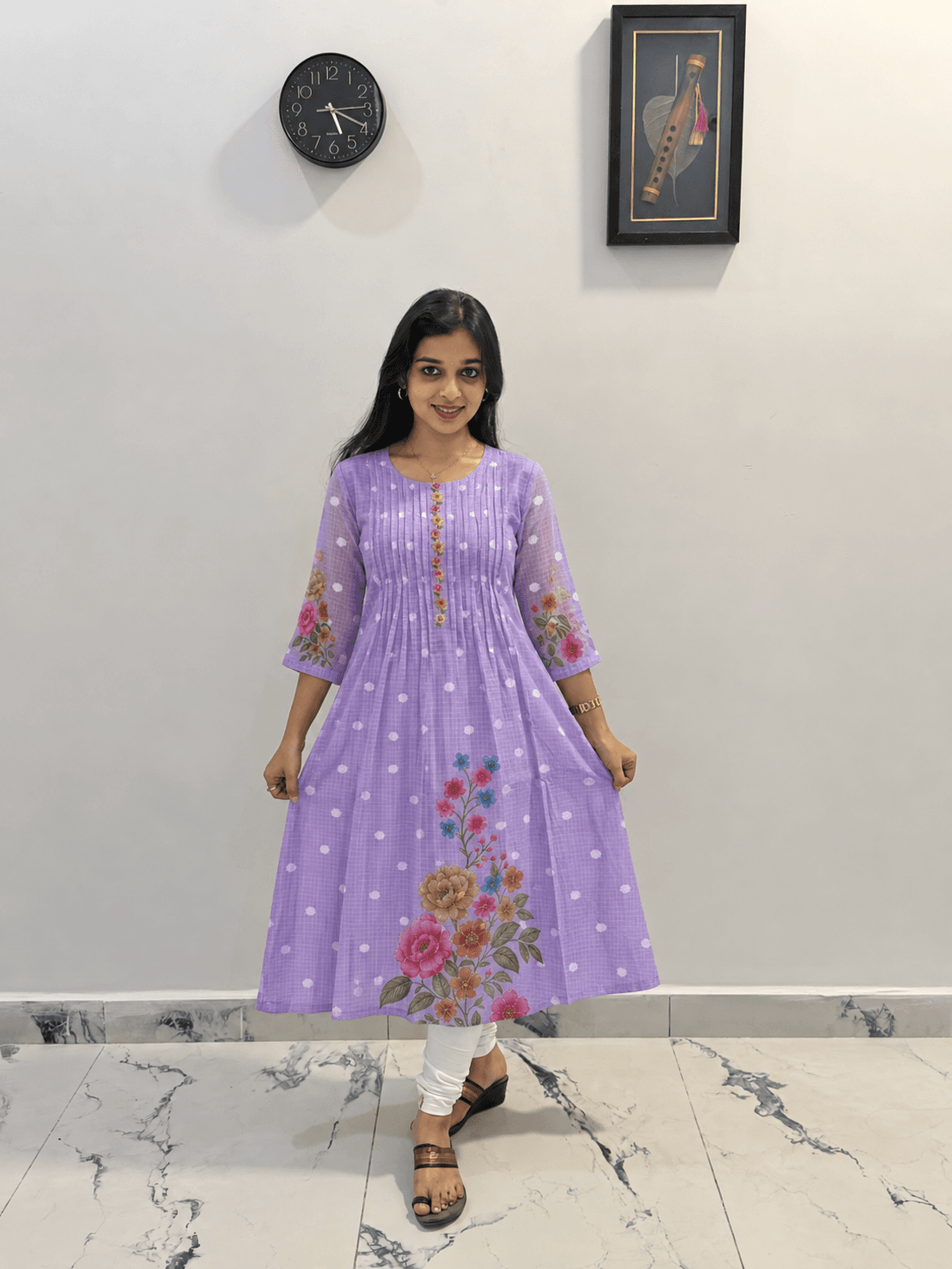 Women's Lavender Floral Printed Anarkali Kurti – 3/4 Sleeve Ethnic Wear in Lavender 2