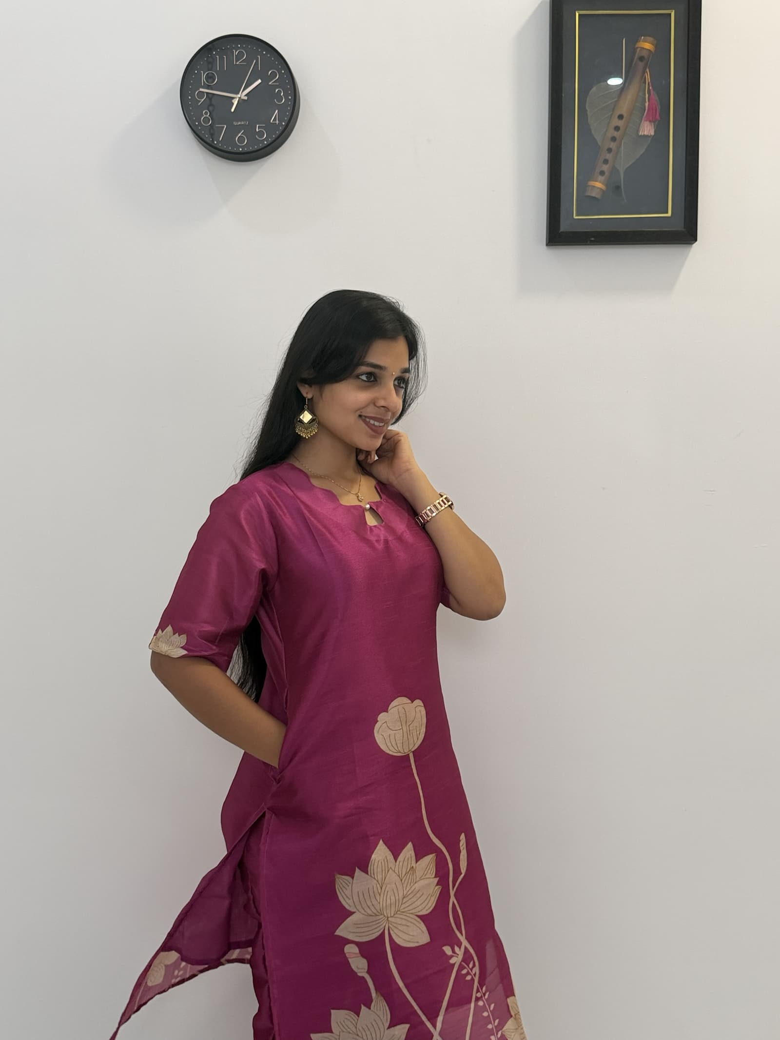 Assam Silk Magenta Floral Printed Kurti Pant & Dupatta Set in Wine Magenta