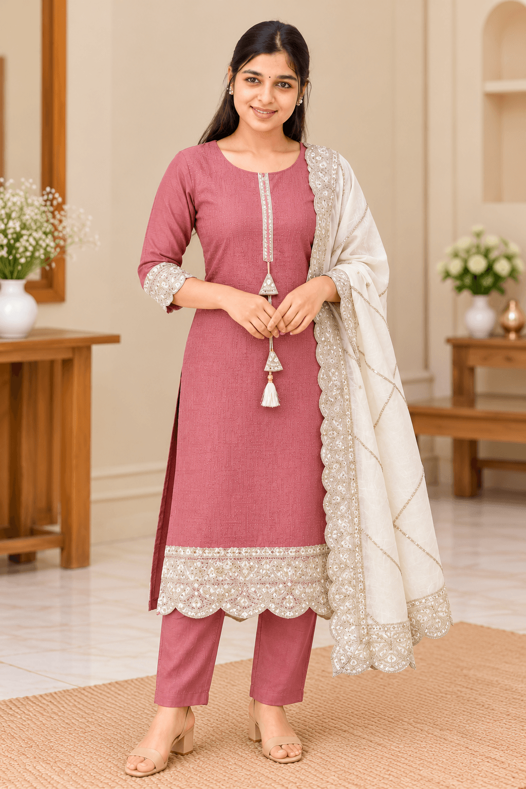 Women’s Dusty Rose Model Corded Kurti Set with Pant & Dupatta in Dusty Rose Pink with Ivory Detailing