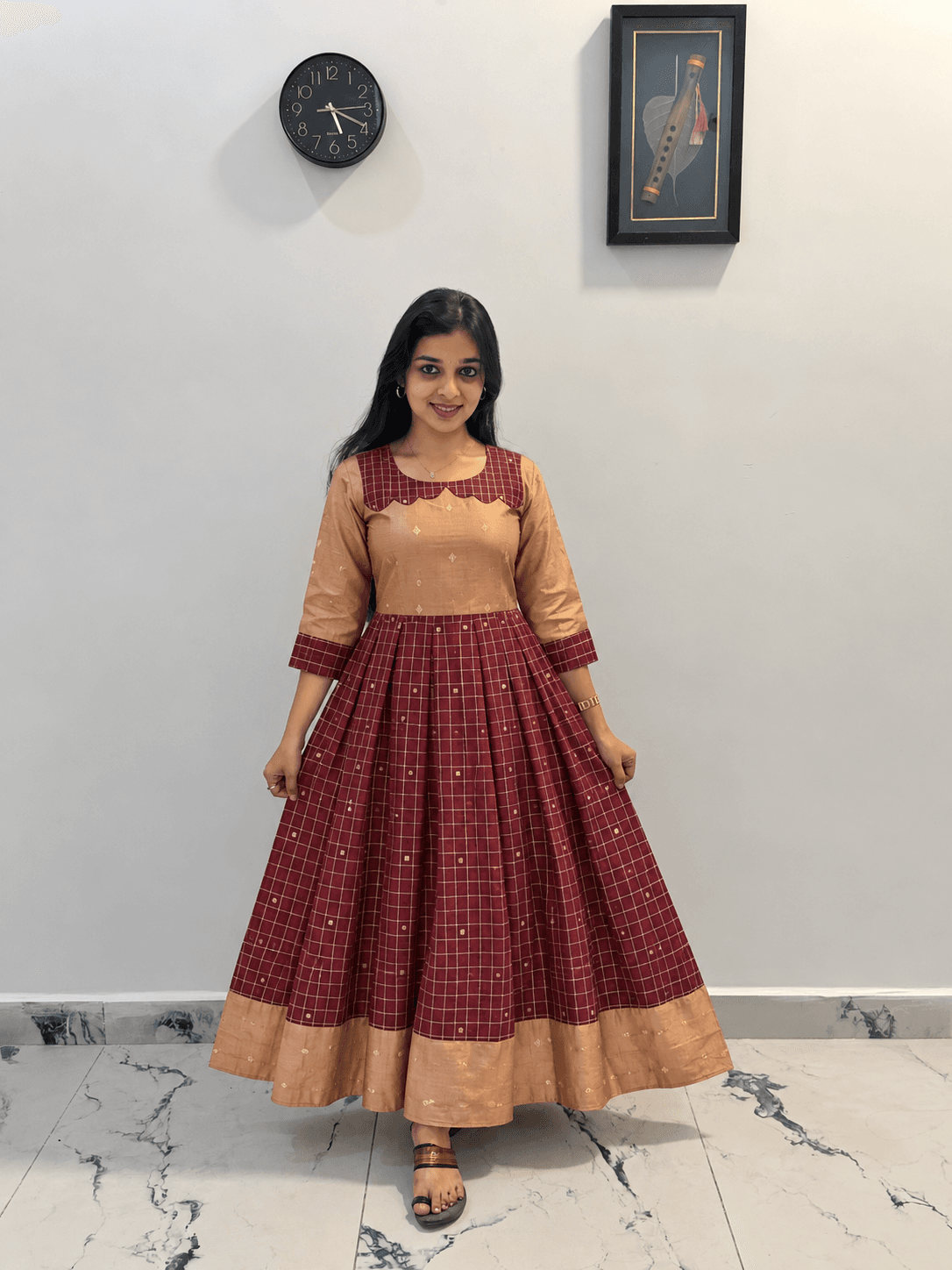 Women’s Peach and Maroon Checked Anarkali Gown with Gold Motif Detailing in Checked maroon 1