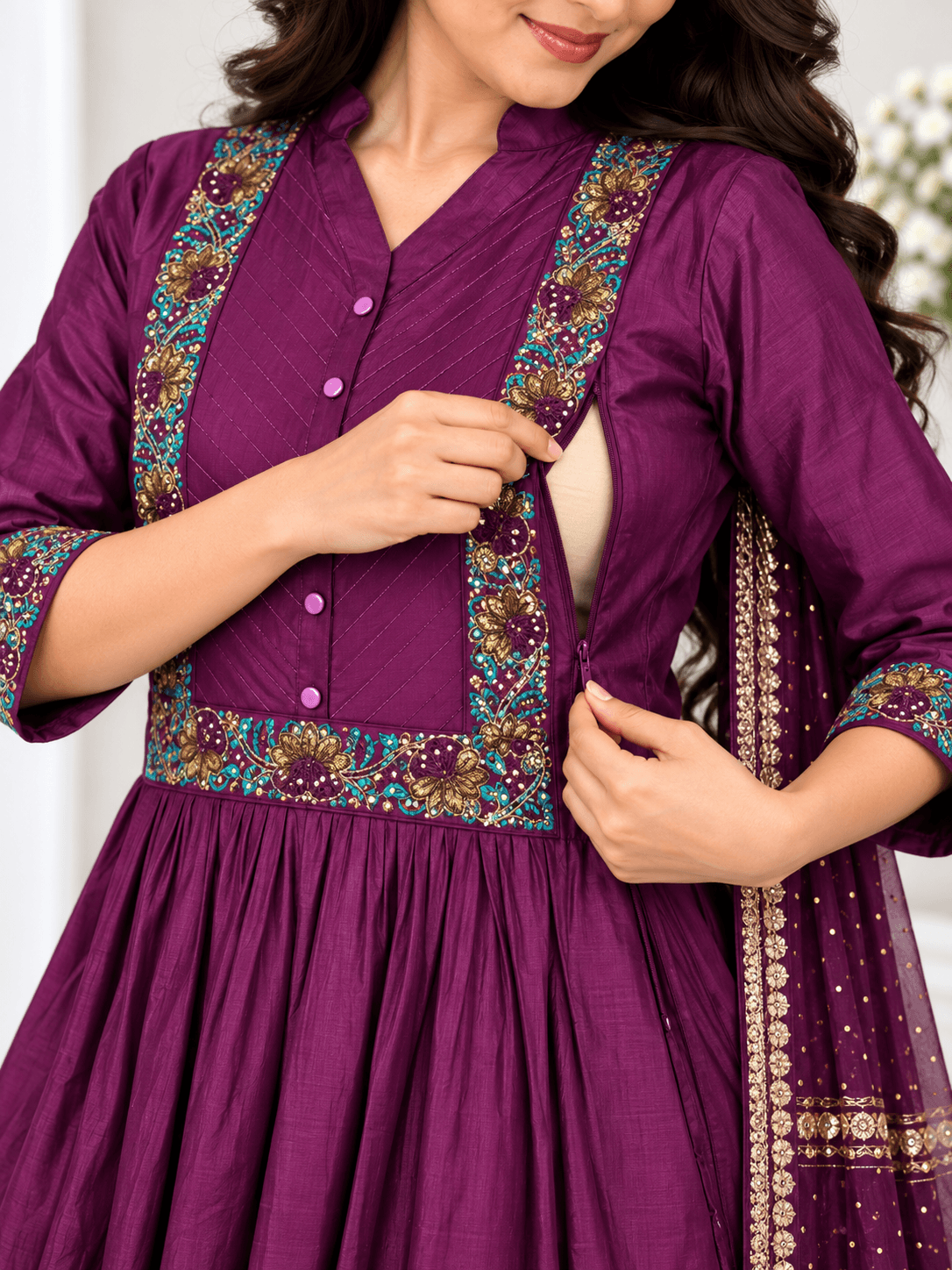 Royal Plum Purple Embroidered Maternity Feeding Kurti Set with Pant & Dupatta in Royal Plum Purple 1