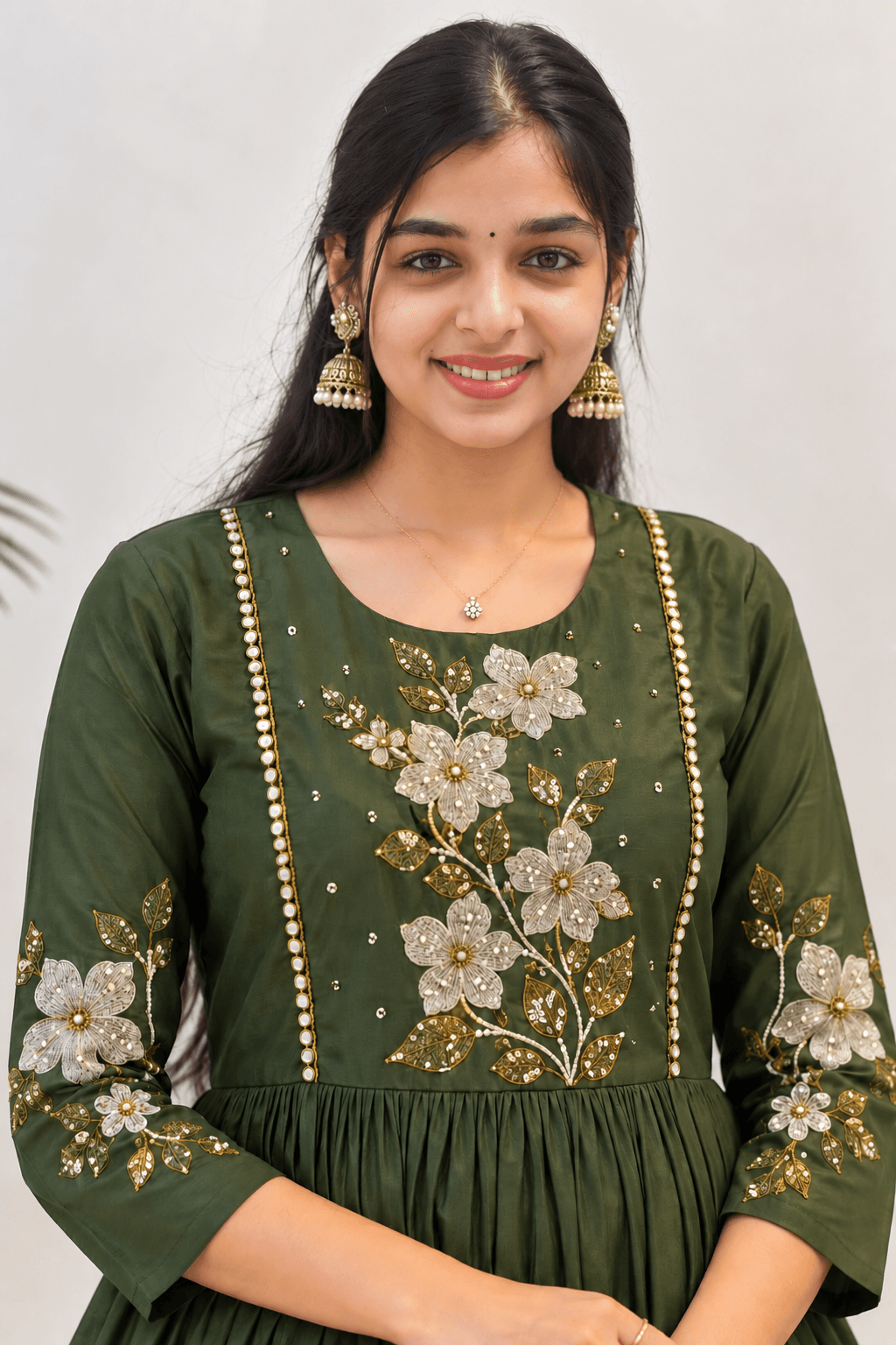Dark Green Mulchanthri Flared Anarkali Kurti in Dark Green