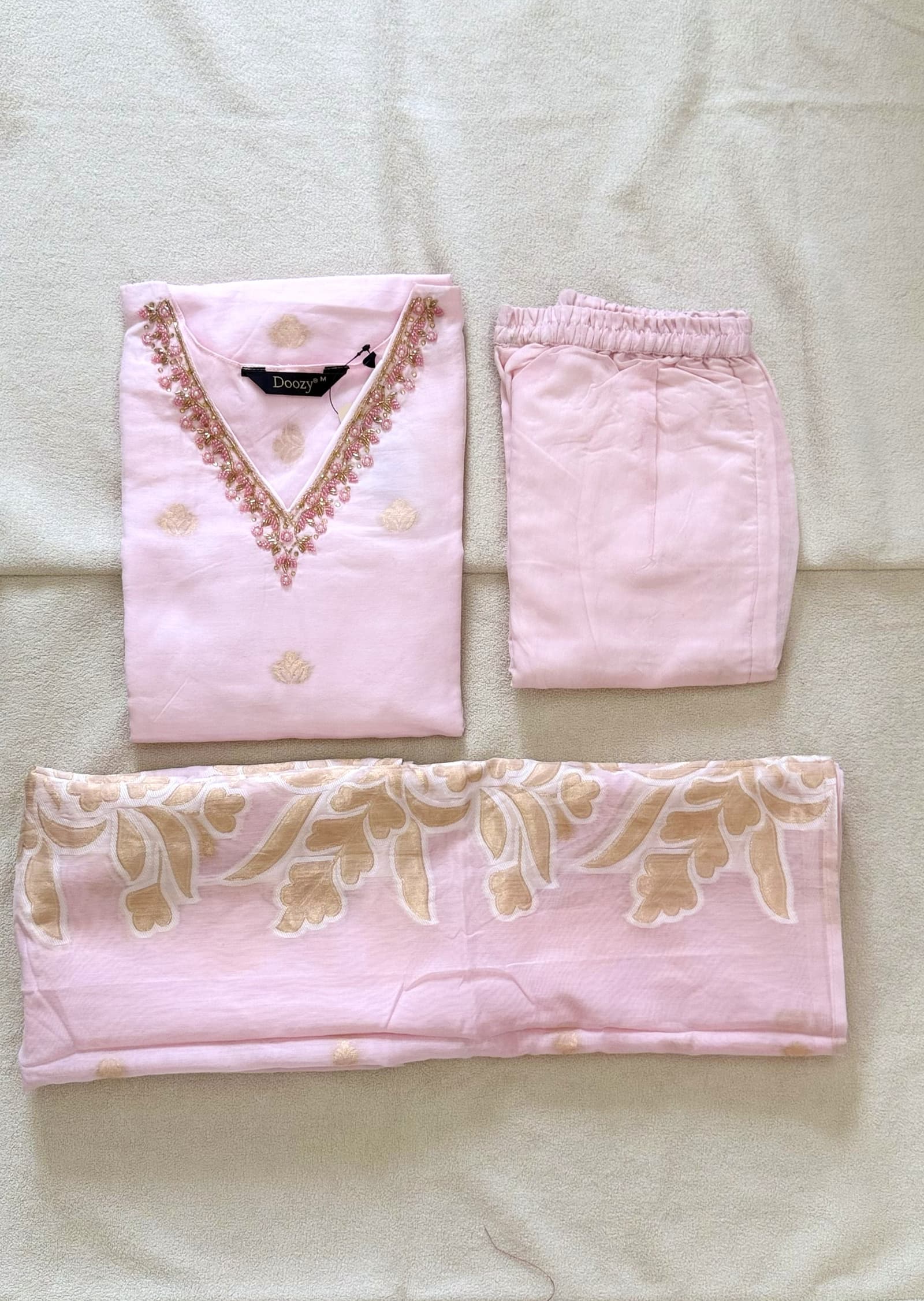 Pastel Pink Shimmer 3-Piece Kurti Set in Pastel Pink