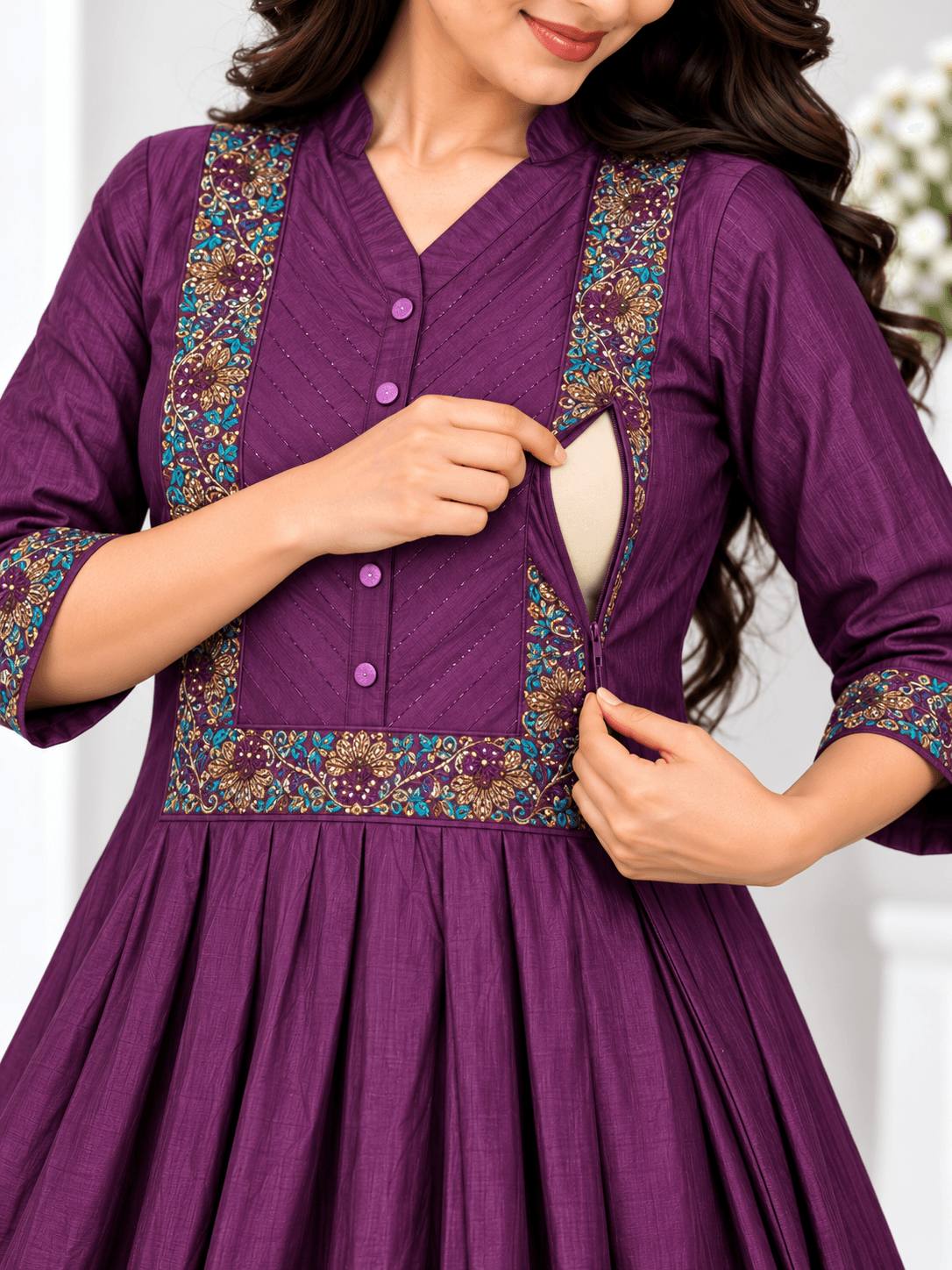 Deep Purple Embroidered Maternity Feeding Kurti Set with Pant & Dupatta in Deep Purple