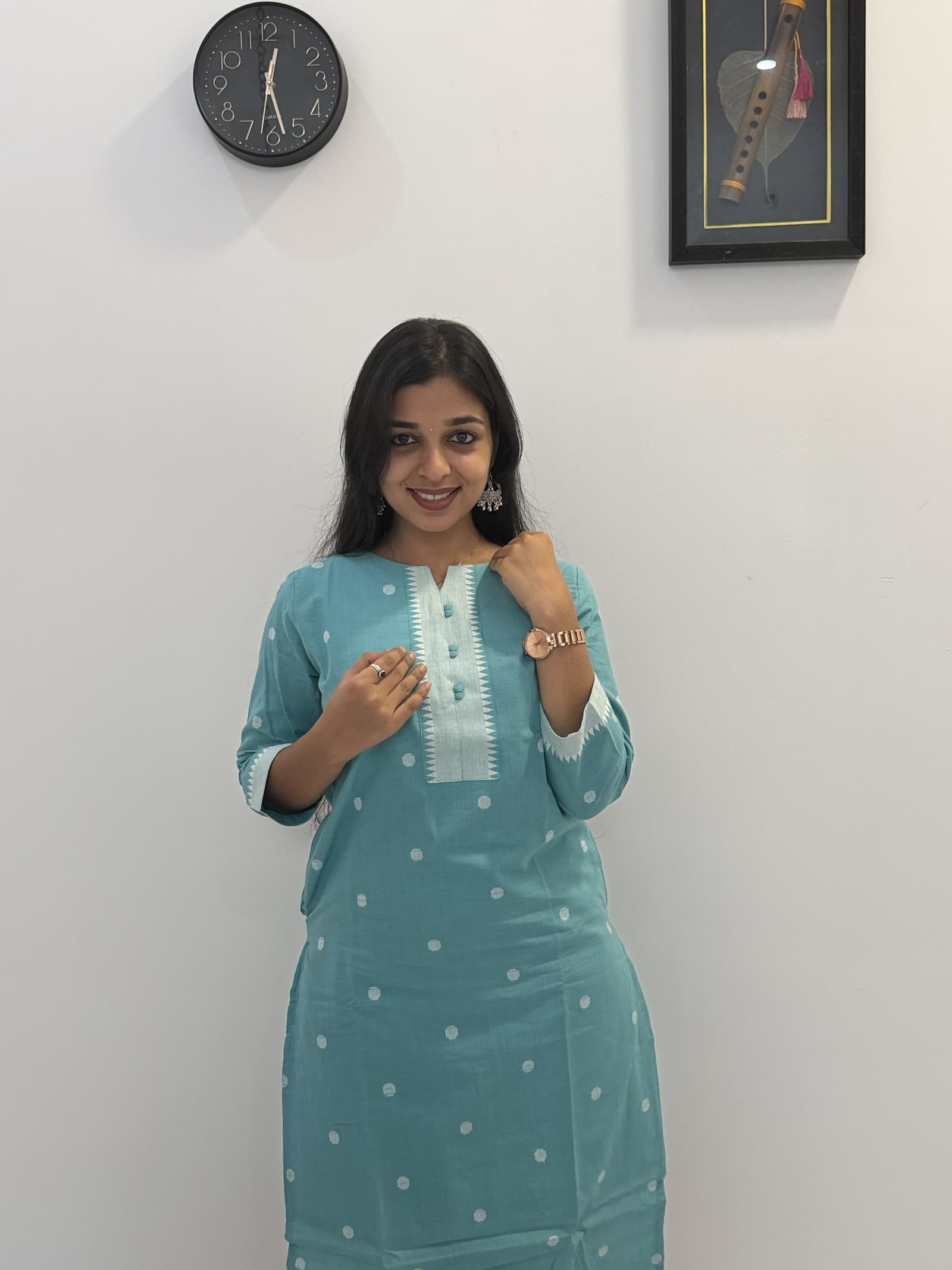 Cotton Teal Blue Printed Kurti Pant Set in Teal Blue / Sea Green with White Detailing  4