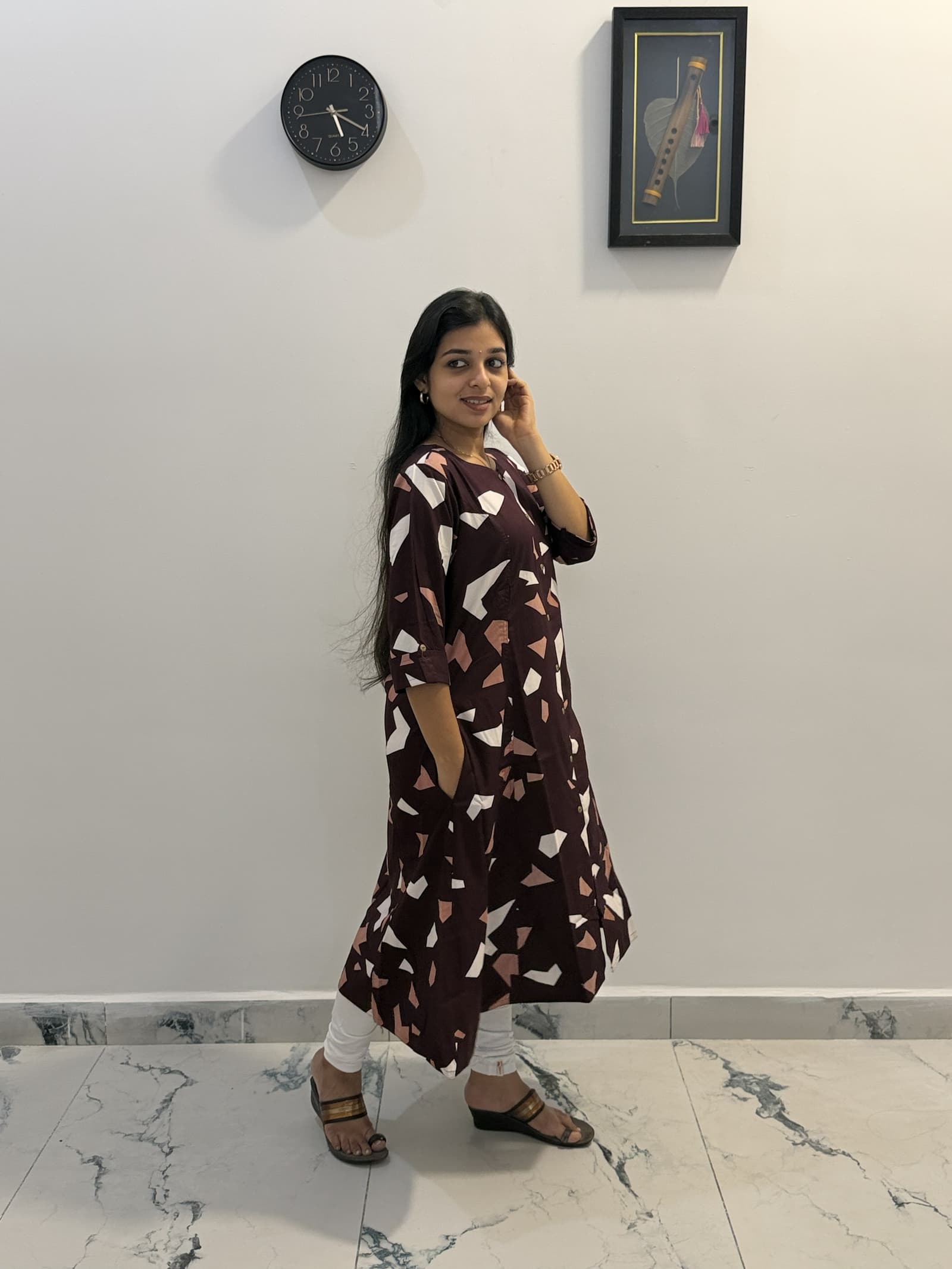 Rayon Abstract Printed Kurti in Dark Brown / Coffee Brown with Peach & White Abstract Print  3