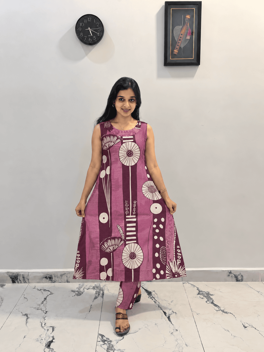 Wine Purple Abstract Printed Sleeveless Kurti with Matching Pant in Wine Purple 1