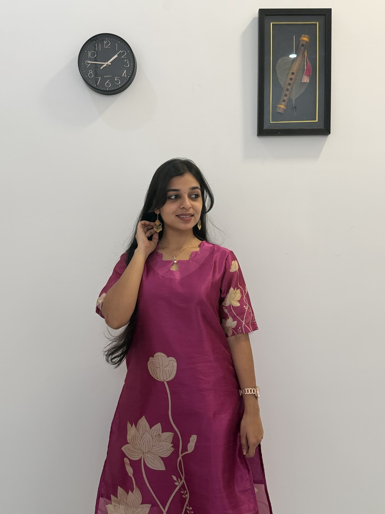 Assam Silk Magenta Floral Printed Kurti Pant & Dupatta Set in Wine Magenta
