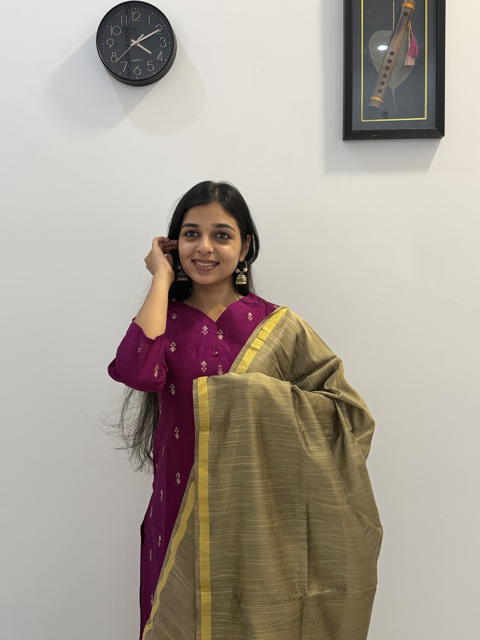 Raw Silk Wine & Olive Green Kurti Pant & Dupatta Set in Wine / Magenta & Olive Green with Golden Border  1