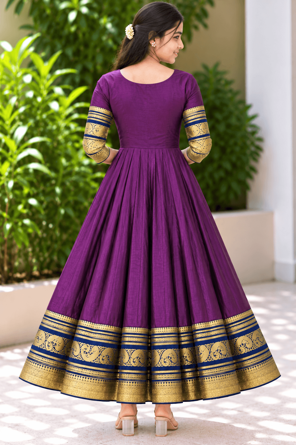 Royal Purple Anarkali Gown with Navy Blue and Gold Zari Border in Royal Purple with Navy Blue and Gold 4
