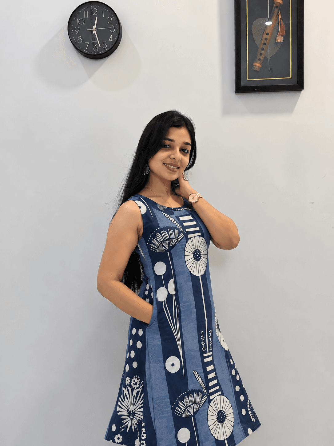 Navy Blue Abstract Printed Sleeveless A-Line Kurti with Matching Pant in Navy Blue  2