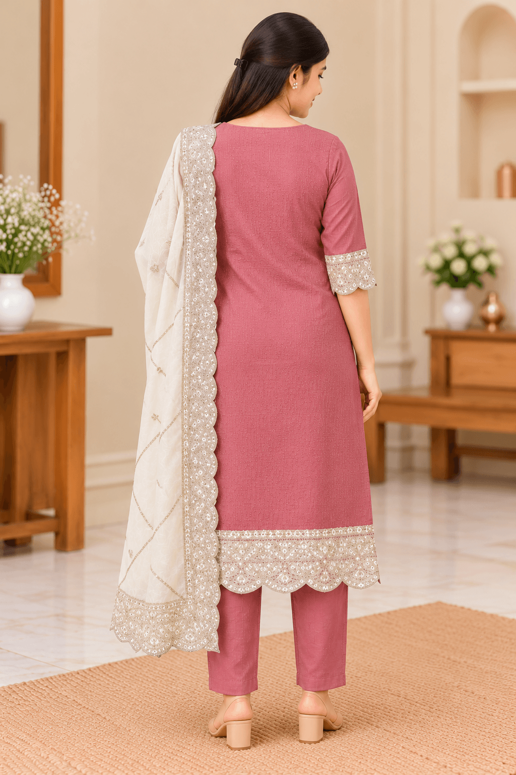 Women’s Dusty Rose Model Corded Kurti Set with Pant & Dupatta in Dusty Rose Pink with Ivory Detailing