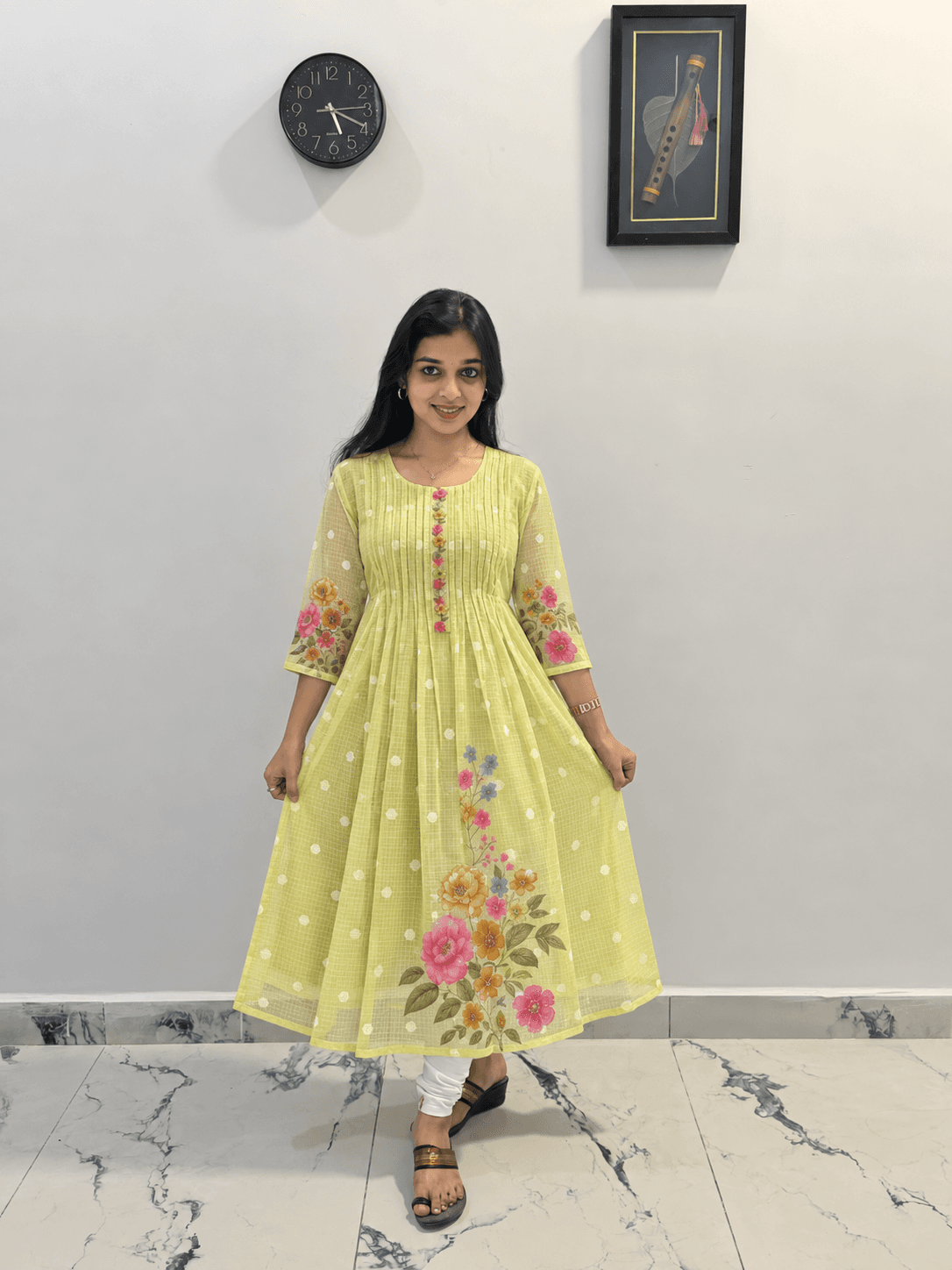 Women's Lime Yellow Floral Printed Anarkali Kurti – 3/4 Sleeve Ethnic Wear in Lime Yellow 1