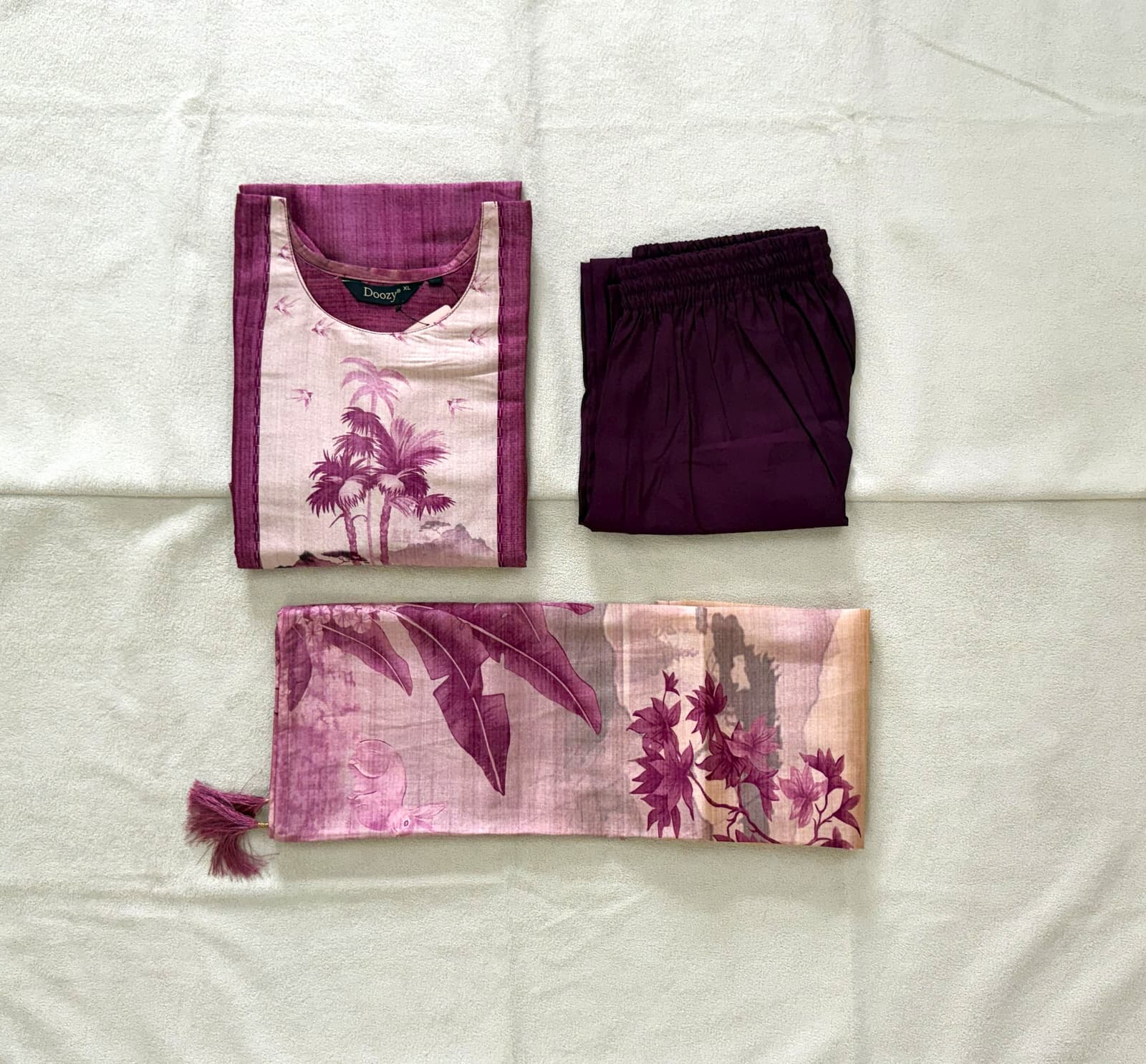 Women’s Fancy Printed Kurti Pant Set with Dupatta in Dusty Pink and Mauve with Floral Prints