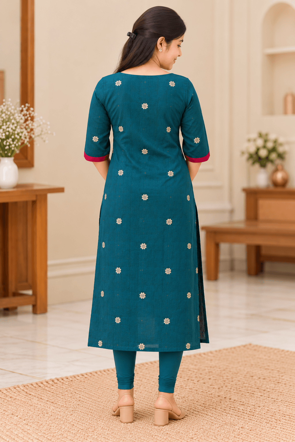 Women’s Teal Blue Raw Silk Kurti with Rani Pink Contrast Design in Teal Blue with Rani Pink Contrast