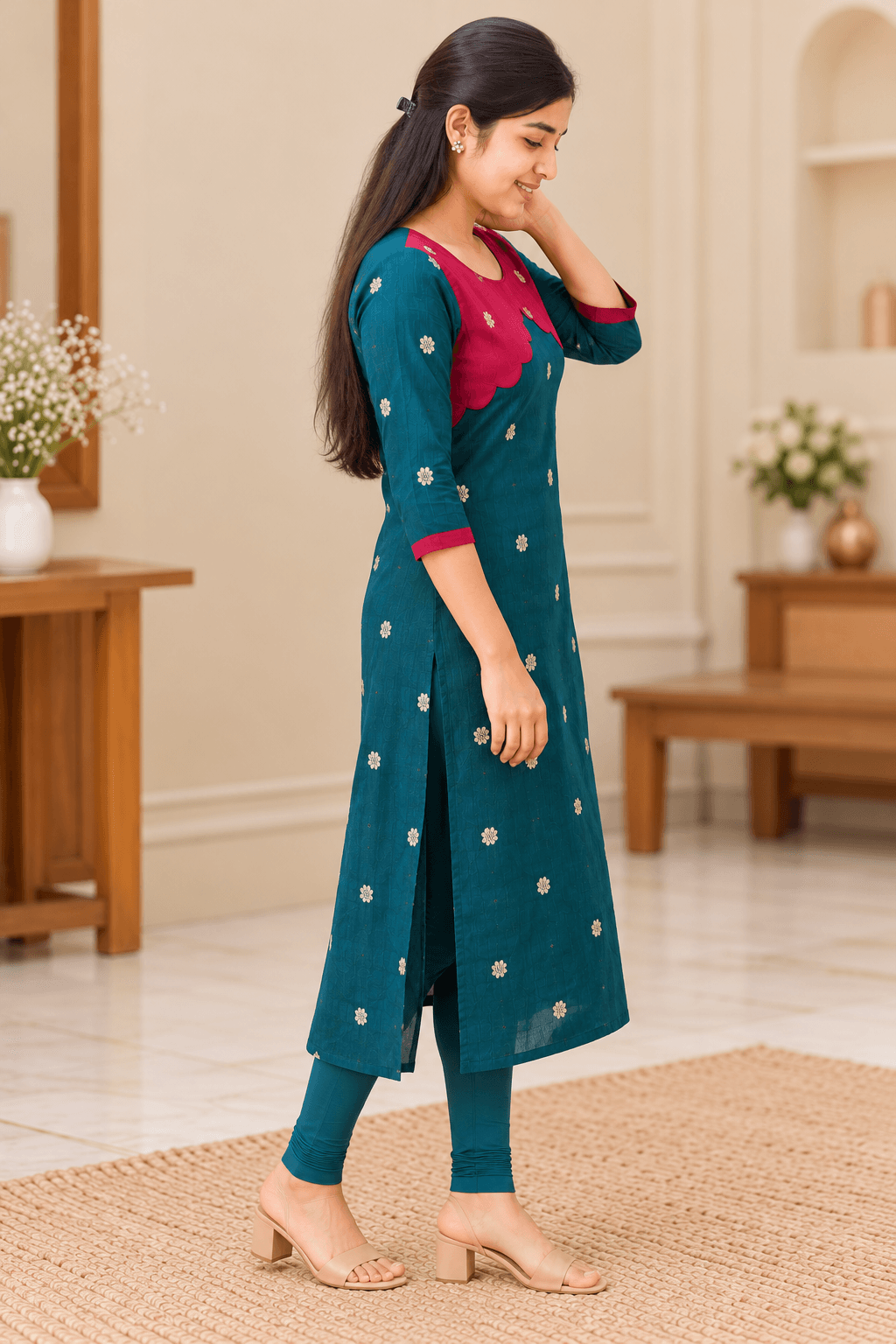 Women’s Teal Blue Raw Silk Kurti with Rani Pink Contrast Design in Teal Blue with Rani Pink Contrast
