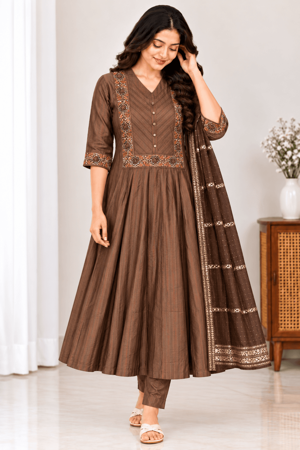 Chocolate Brown Embroidered Maternity Feeding Kurti Set with Pant & Dupatta in Coffee Brown 2
