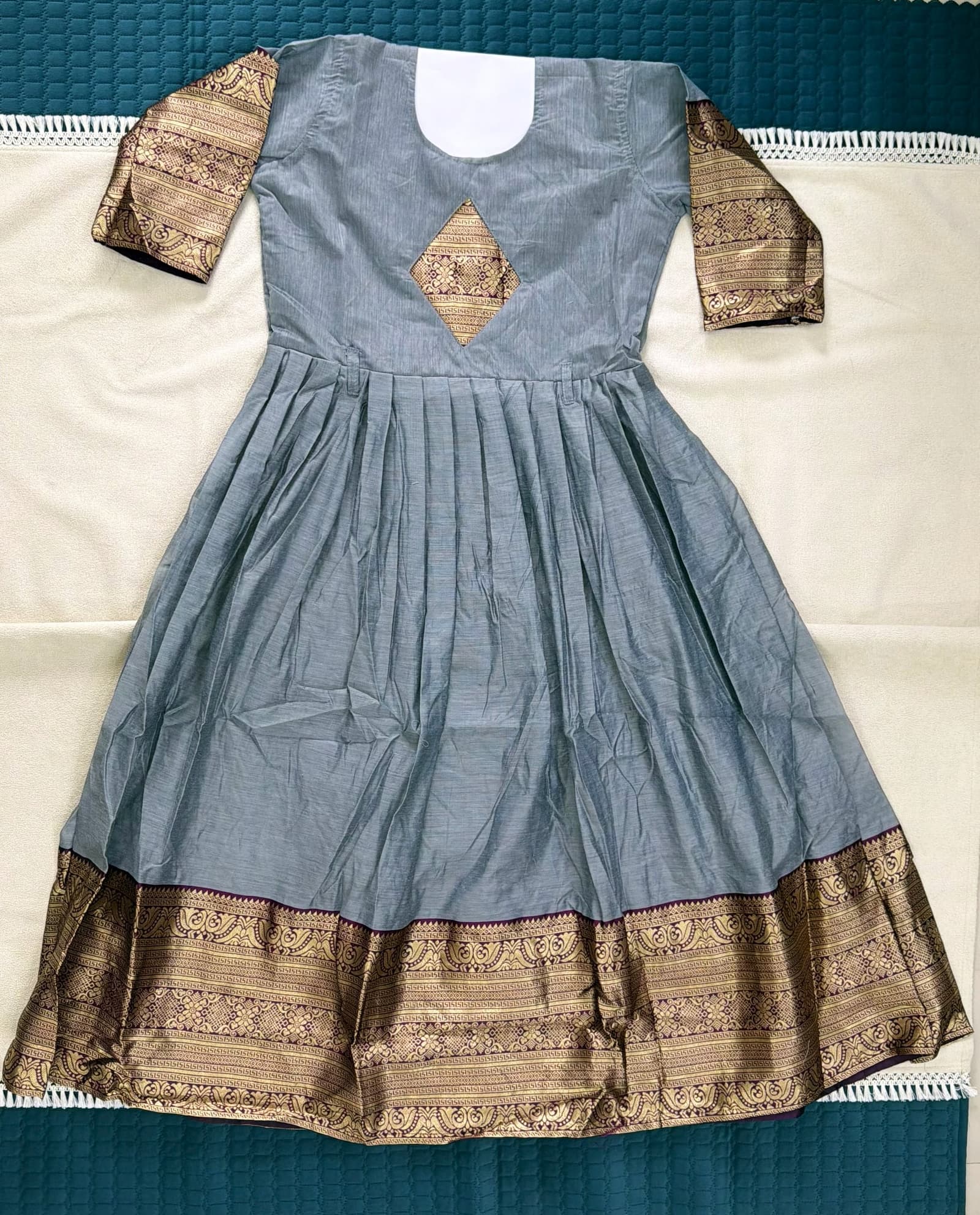 Elegant Steel Grey Anarkali Gown with Maroon and Antique Gold Zari Border in Steel Grey with Maroon and Antique Gold