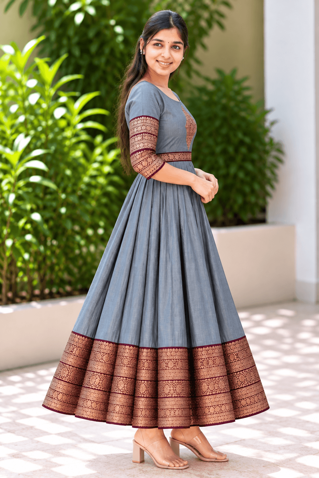 Elegant Steel Grey Anarkali Gown with Maroon and Antique Gold Zari Border in Steel Grey with Maroon and Antique Gold