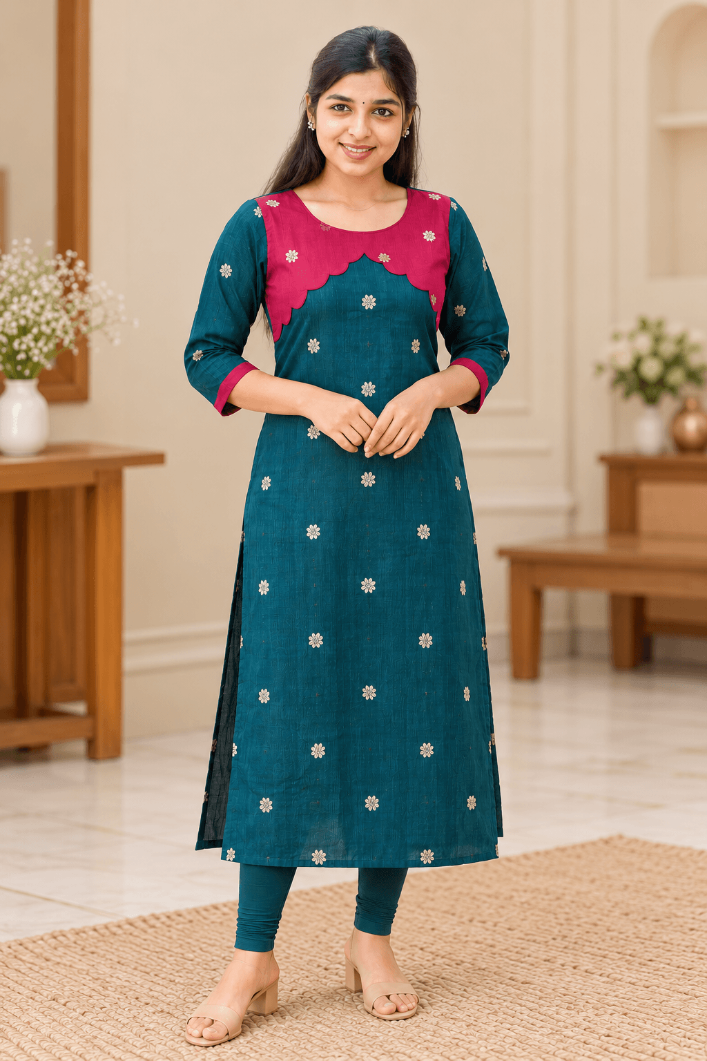 Women’s Teal Blue Raw Silk Kurti with Rani Pink Contrast Design in Teal Blue with Rani Pink Contrast