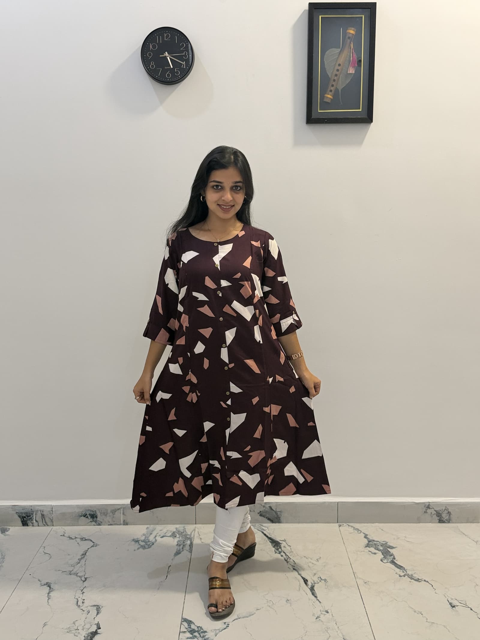 Rayon Abstract Printed Kurti in Dark Brown / Coffee Brown with Peach & White Abstract Print  2
