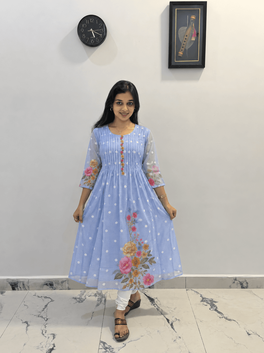 Women's Sky Blue Floral Printed Anarkali Kurti – 3/4 Sleeve Ethnic Wear in Sky Blue 2