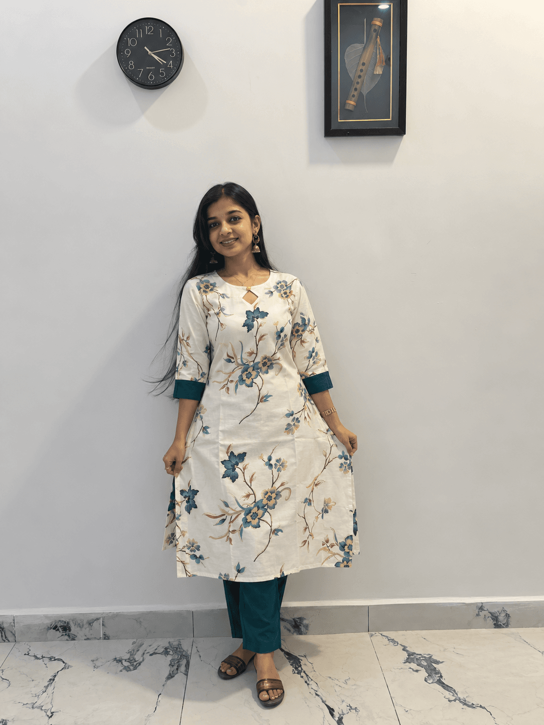 Women’s Cream Floral Printed Straight Kurti with Teal Blue Pant in White Blue 1