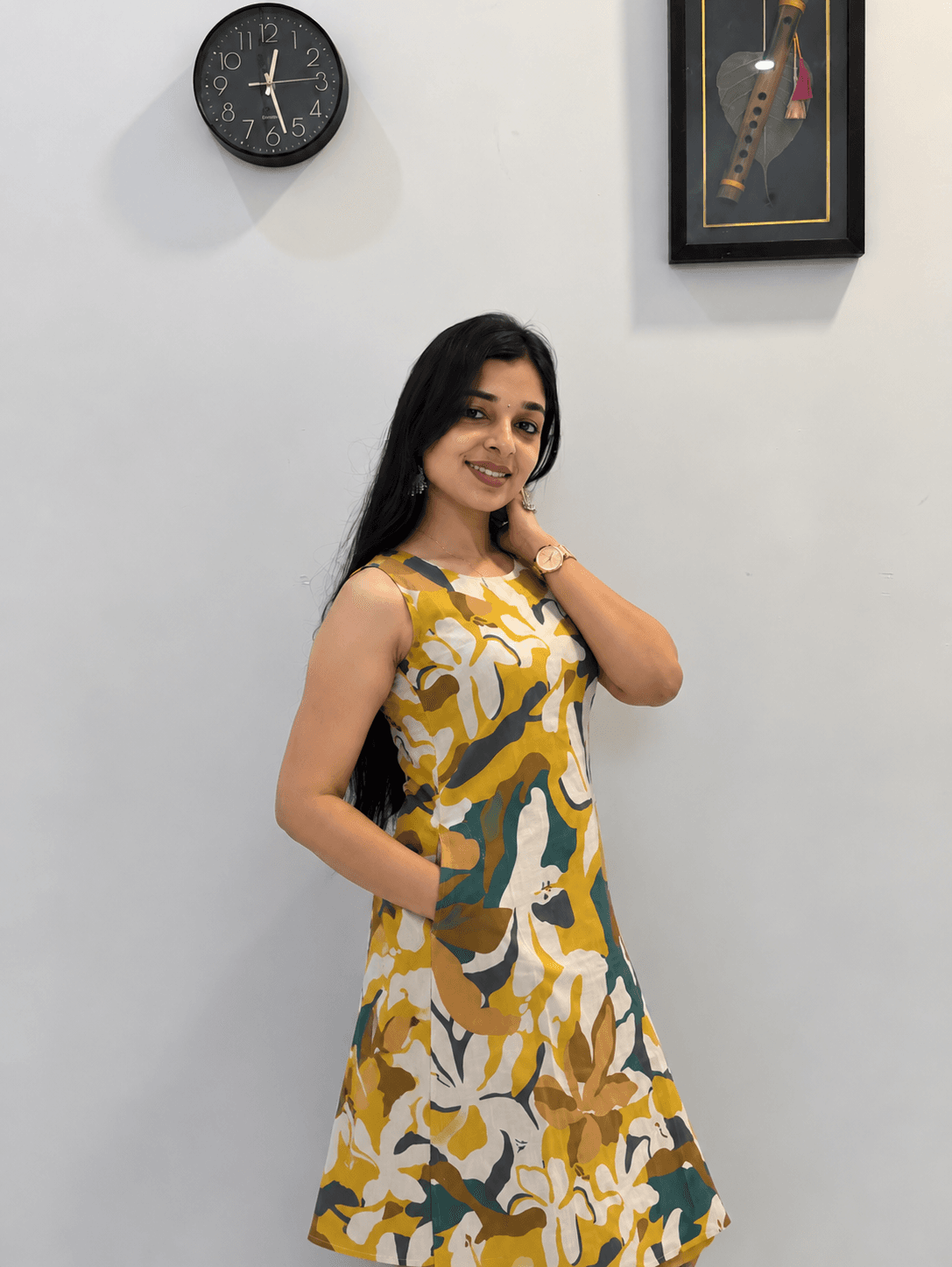 Multicolour Floral Printed Sleeveless A-Line Kurti with Matching Pant in Multicolour (Mustard Yellow, Green, Brown & Cream) 2
