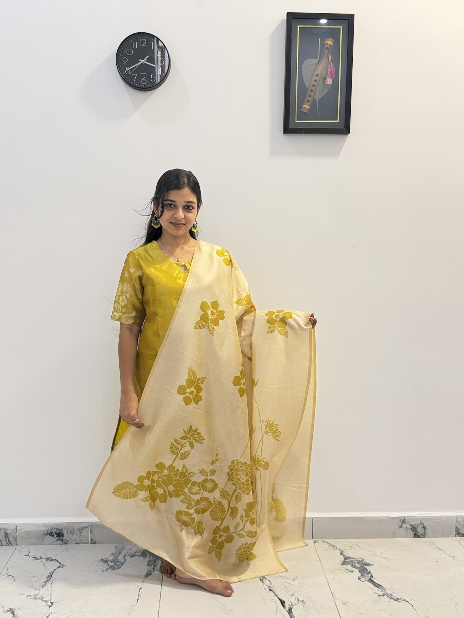 Assam Silk Floral Printed Kurti Pant & Dupatta Set in Mustard Yellow & Cream / Off-White  3