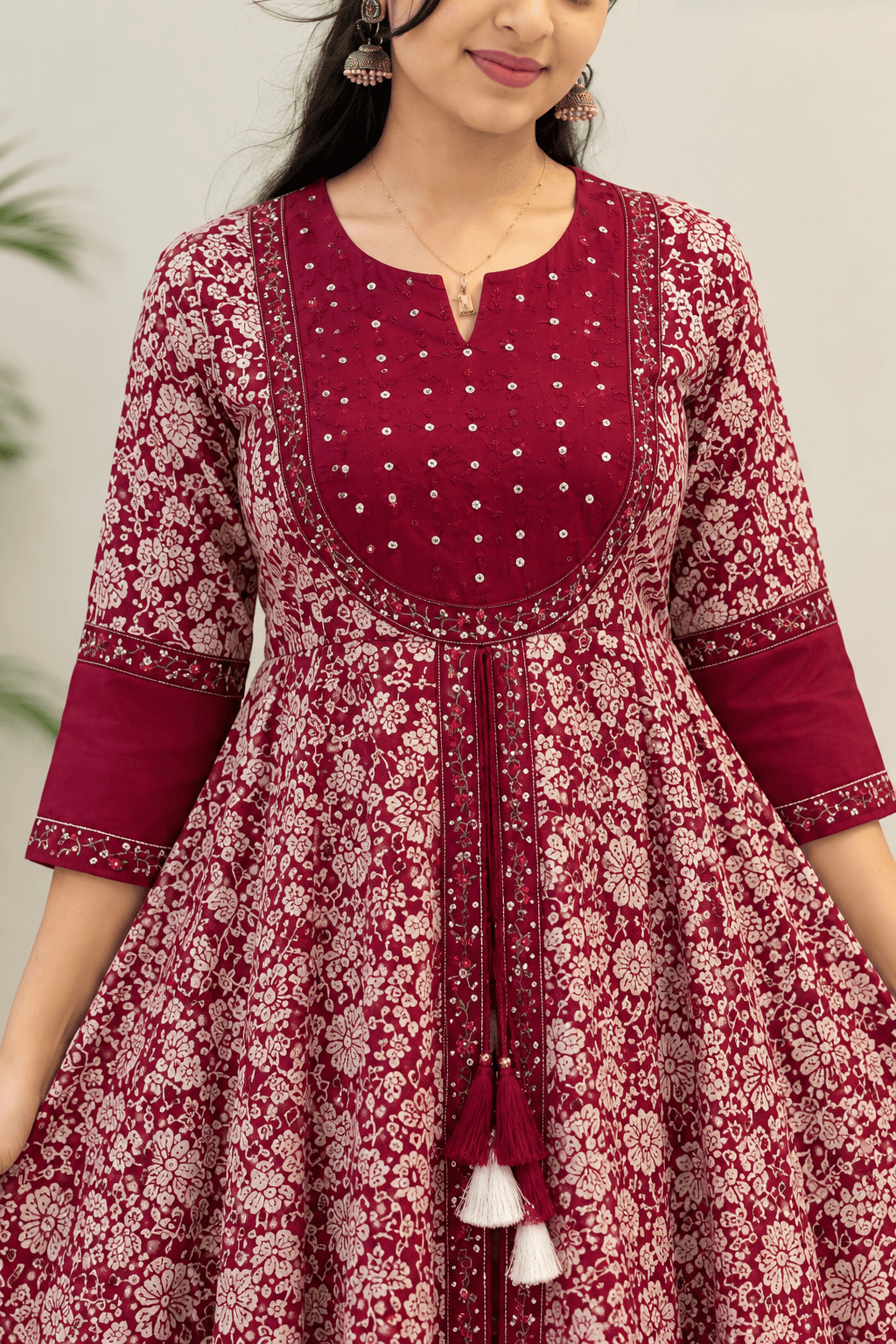 Maroon Printed Cotton Anarkali Kurti in Maroon