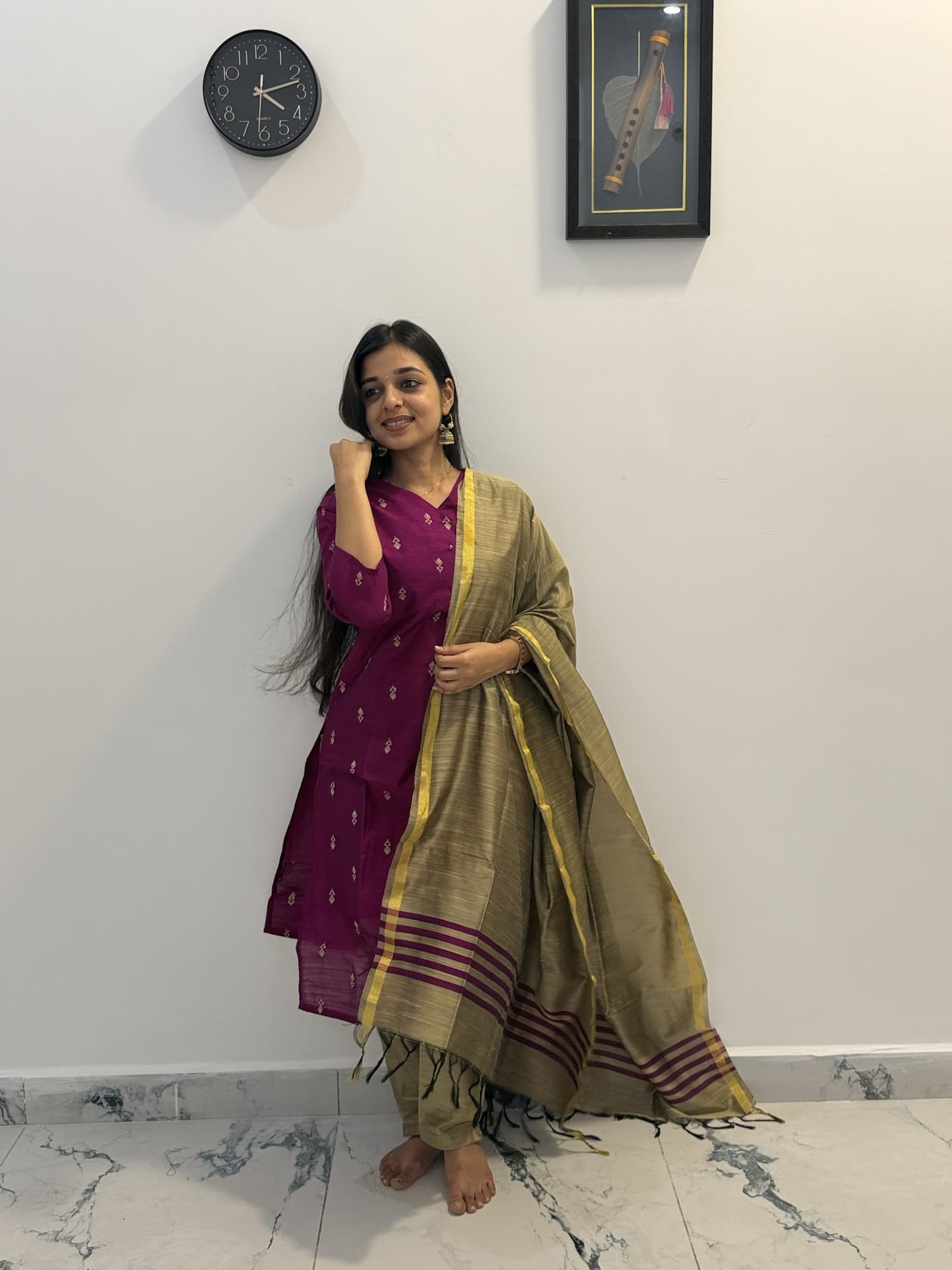Raw Silk Wine & Olive Green Kurti Pant & Dupatta Set in Wine / Magenta & Olive Green with Golden Border  3