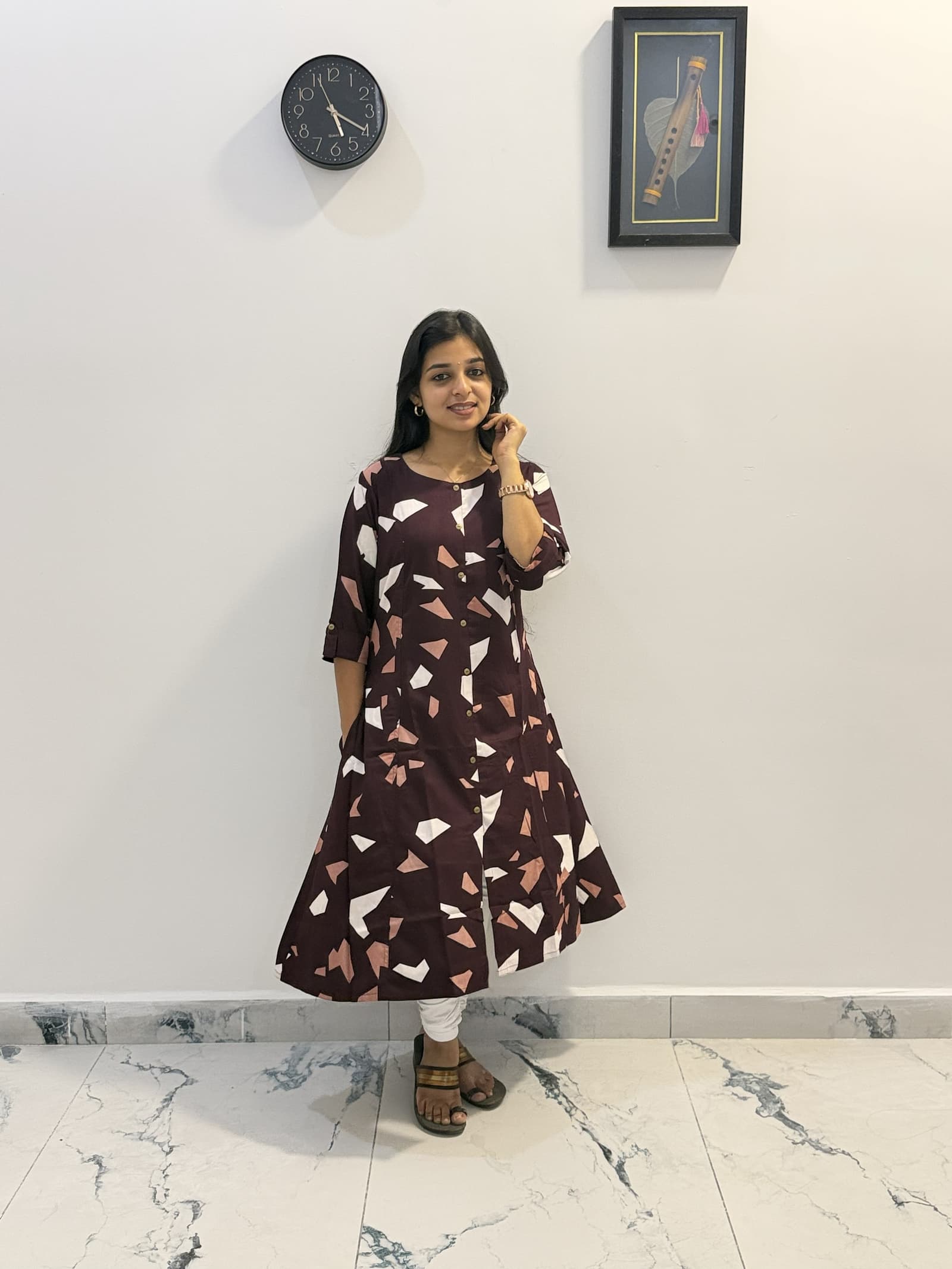 Rayon Abstract Printed Kurti in Dark Brown / Coffee Brown with Peach & White Abstract Print  4
