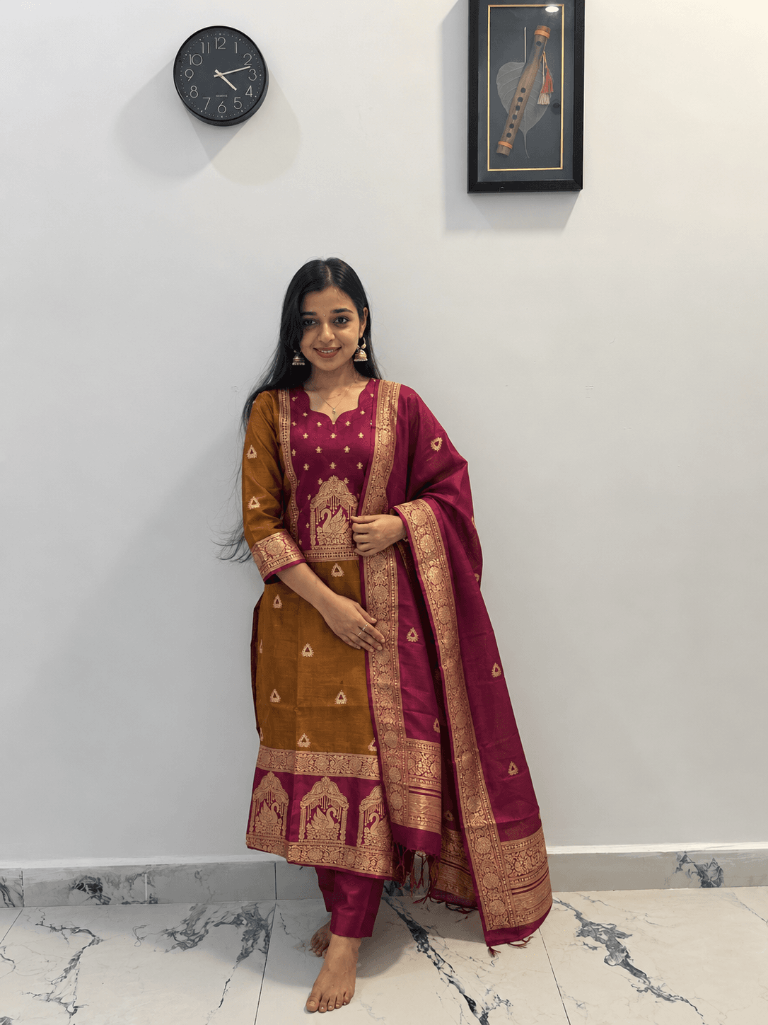 Women’s Maroon and Mustard Traditional Printed Kurti Set with Matching Dupatta in Rani pink 1