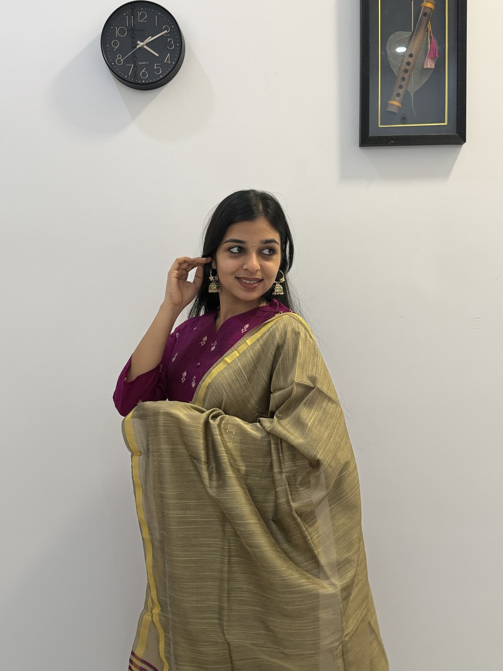 Raw Silk Wine & Olive Green Kurti Pant & Dupatta Set in Wine / Magenta & Olive Green with Golden Border  2
