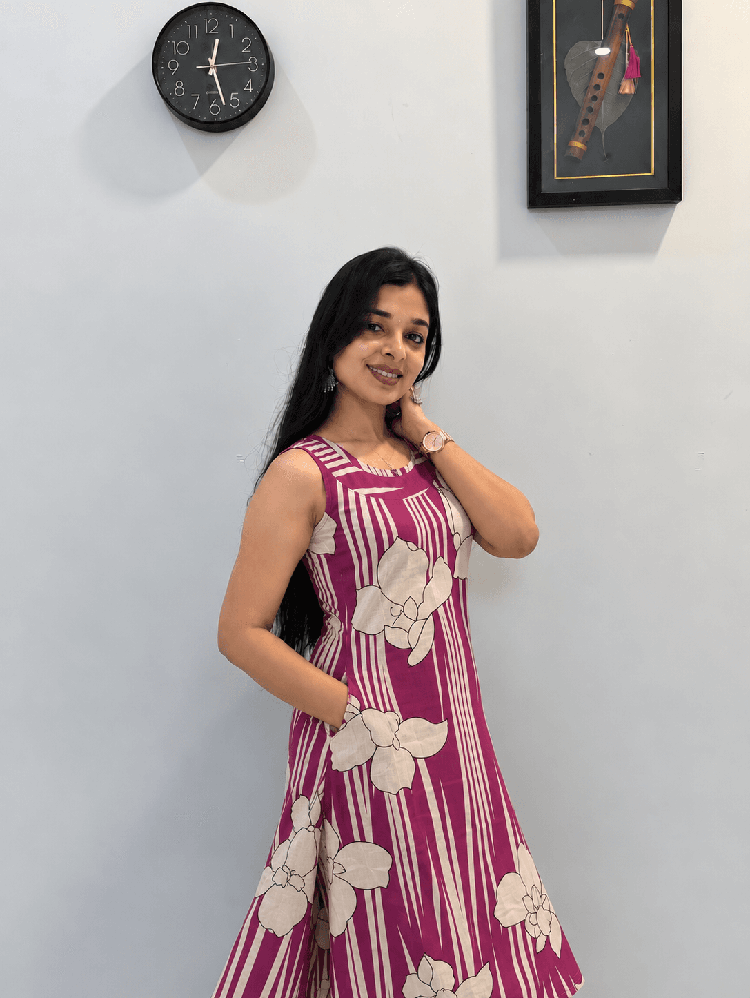 Magenta Pink Floral Striped Sleeveless A-Line Kurti with Matching Pant in Magenta Pink 2