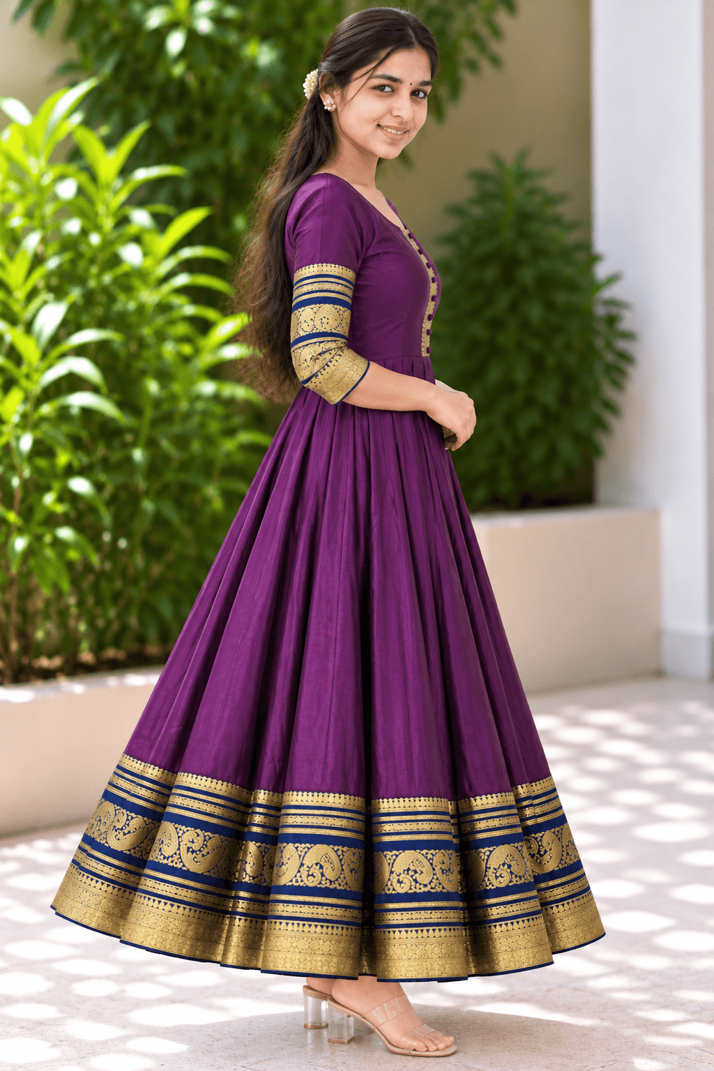 Royal Purple Anarkali Gown with Navy Blue and Gold Zari Border in Royal Purple with Navy Blue and Gold 2