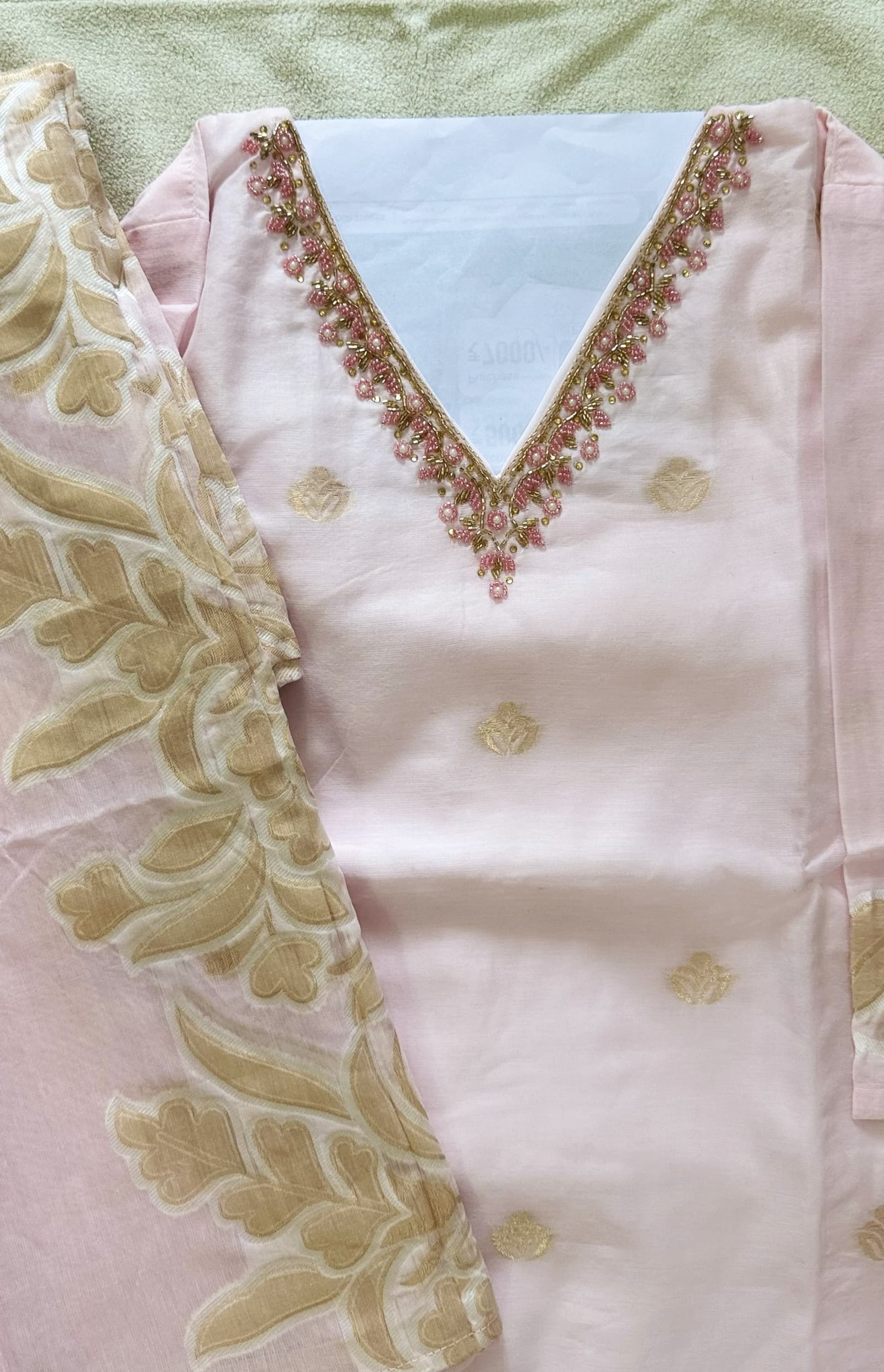 Pastel Pink Shimmer 3-Piece Kurti Set in Pastel Pink