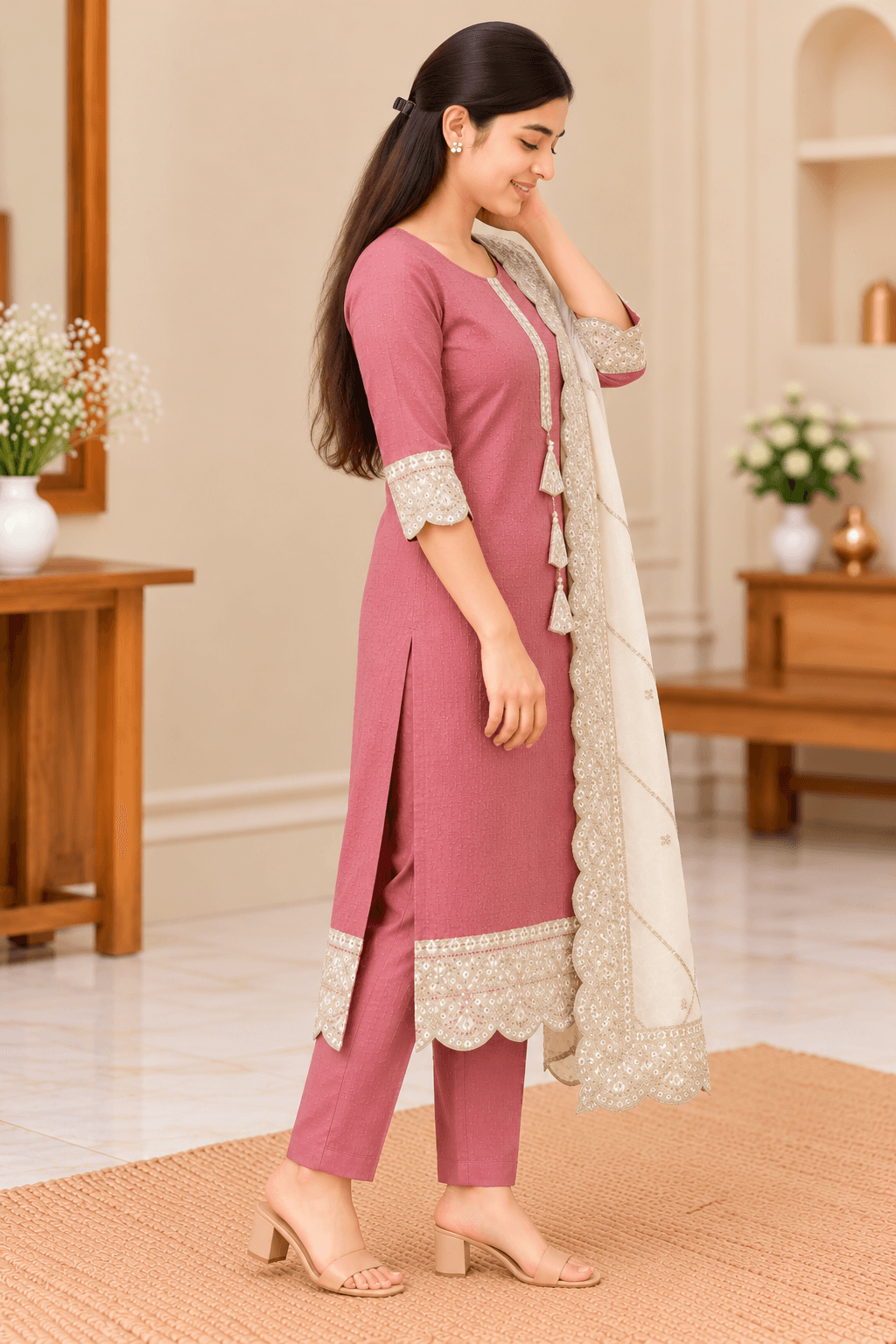 Women’s Dusty Rose Model Corded Kurti Set with Pant & Dupatta in Dusty Rose Pink with Ivory Detailing