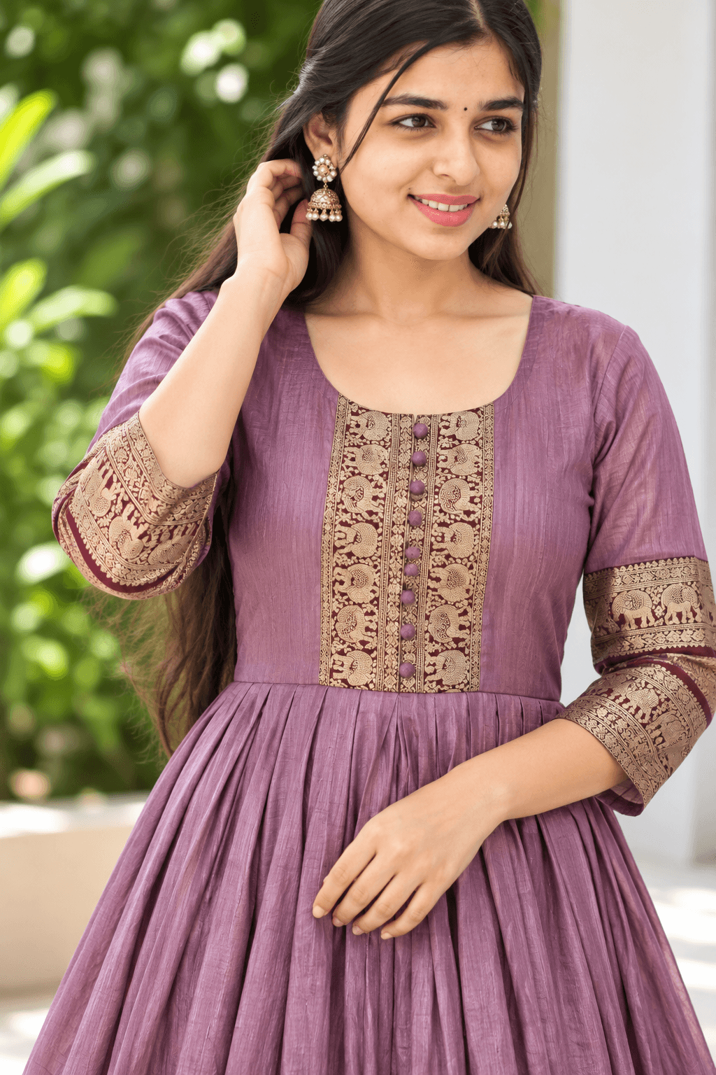 Elegant Dusty Mauve Anarkali Gown with Gold Zari Elephant Border in Dusty Mauve / Muted Purple 3