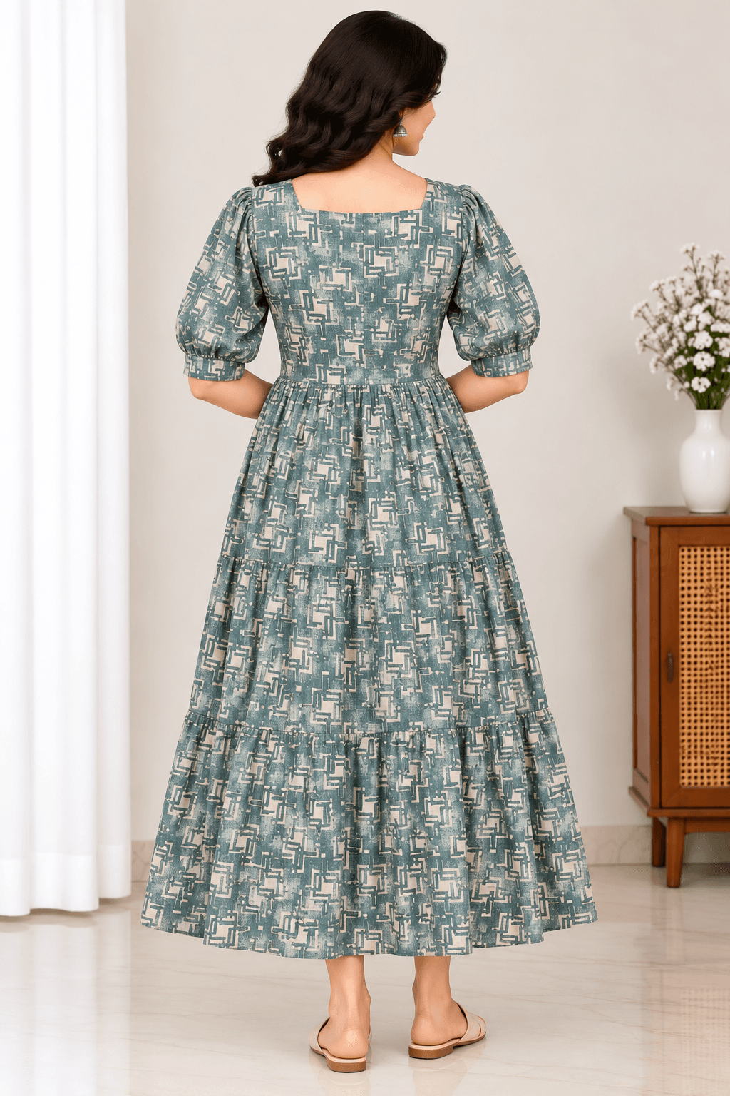 Women’s Teal Blue Cotton Feeding Gown in Teal Blue with Cream Print 4