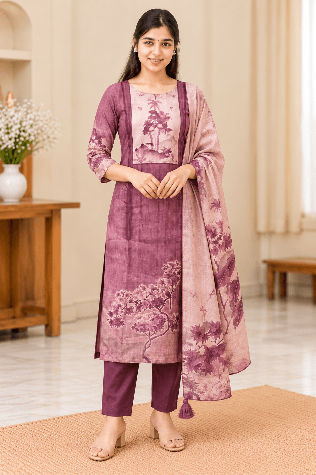 Women’s Fancy Printed Kurti Pant Set with Dupatta in Dusty Pink and Mauve with Floral Prints