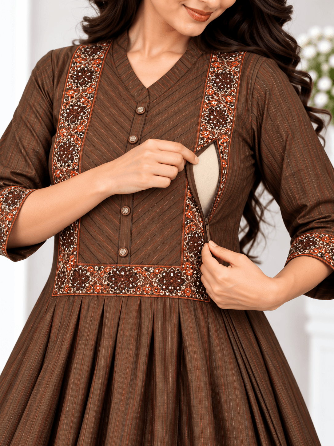 Chocolate Brown Embroidered Maternity Feeding Kurti Set with Pant & Dupatta in Coffee Brown