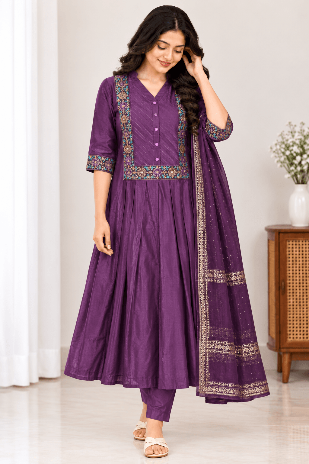 Deep Purple Embroidered Maternity Feeding Kurti Set with Pant & Dupatta in  Deep Purple 2