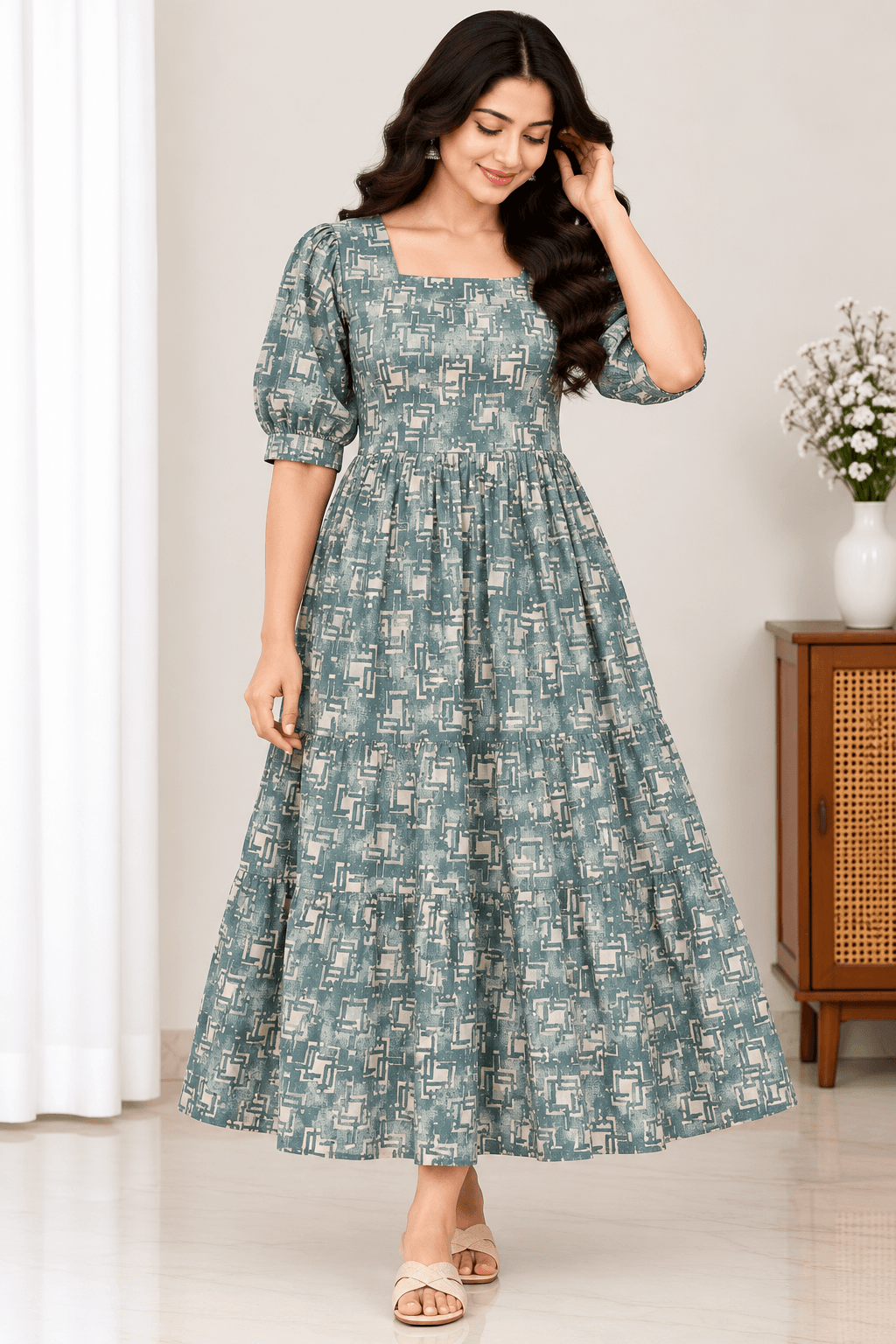 Women’s Teal Blue Cotton Feeding Gown in Teal Blue with Cream Print 2
