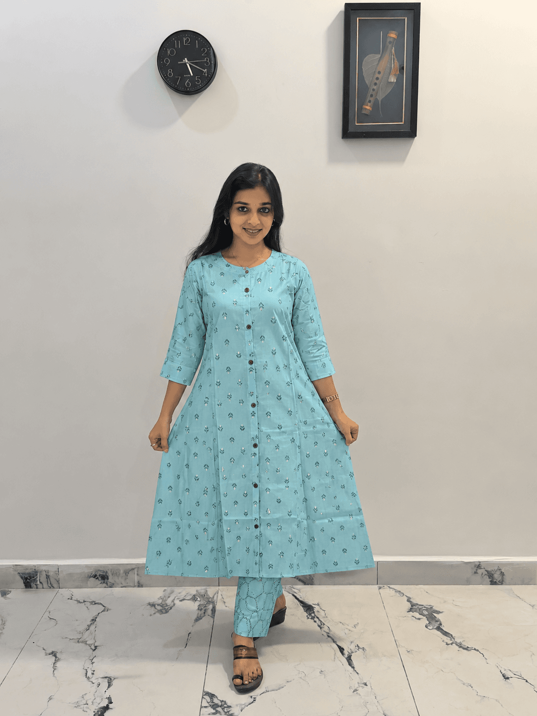 Sky Blue Printed Front-Button Kurti with Matching Pant in Sky Blue
