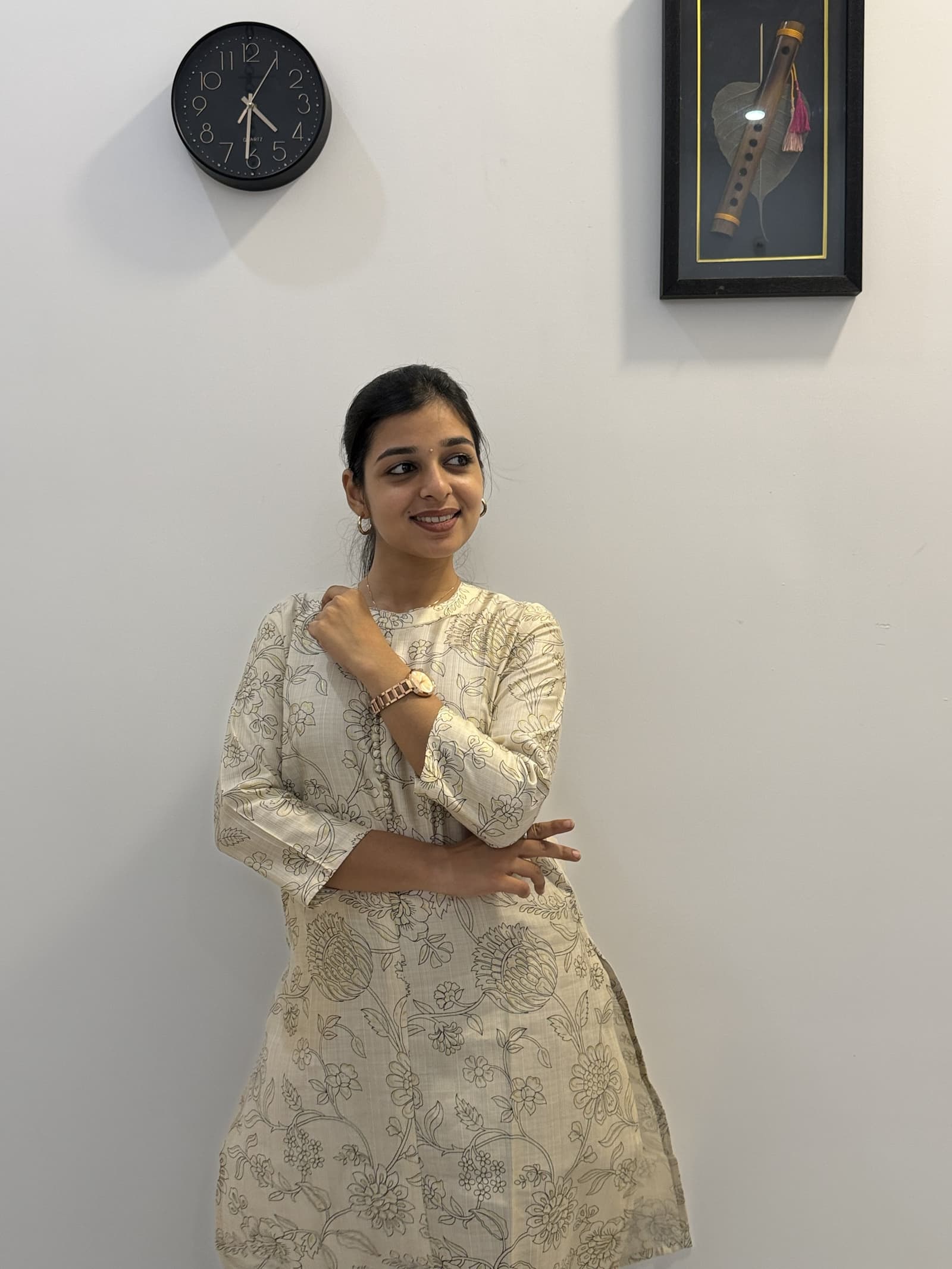 Vertican Floral Printed Kurti in Cream with Grey Floral Print